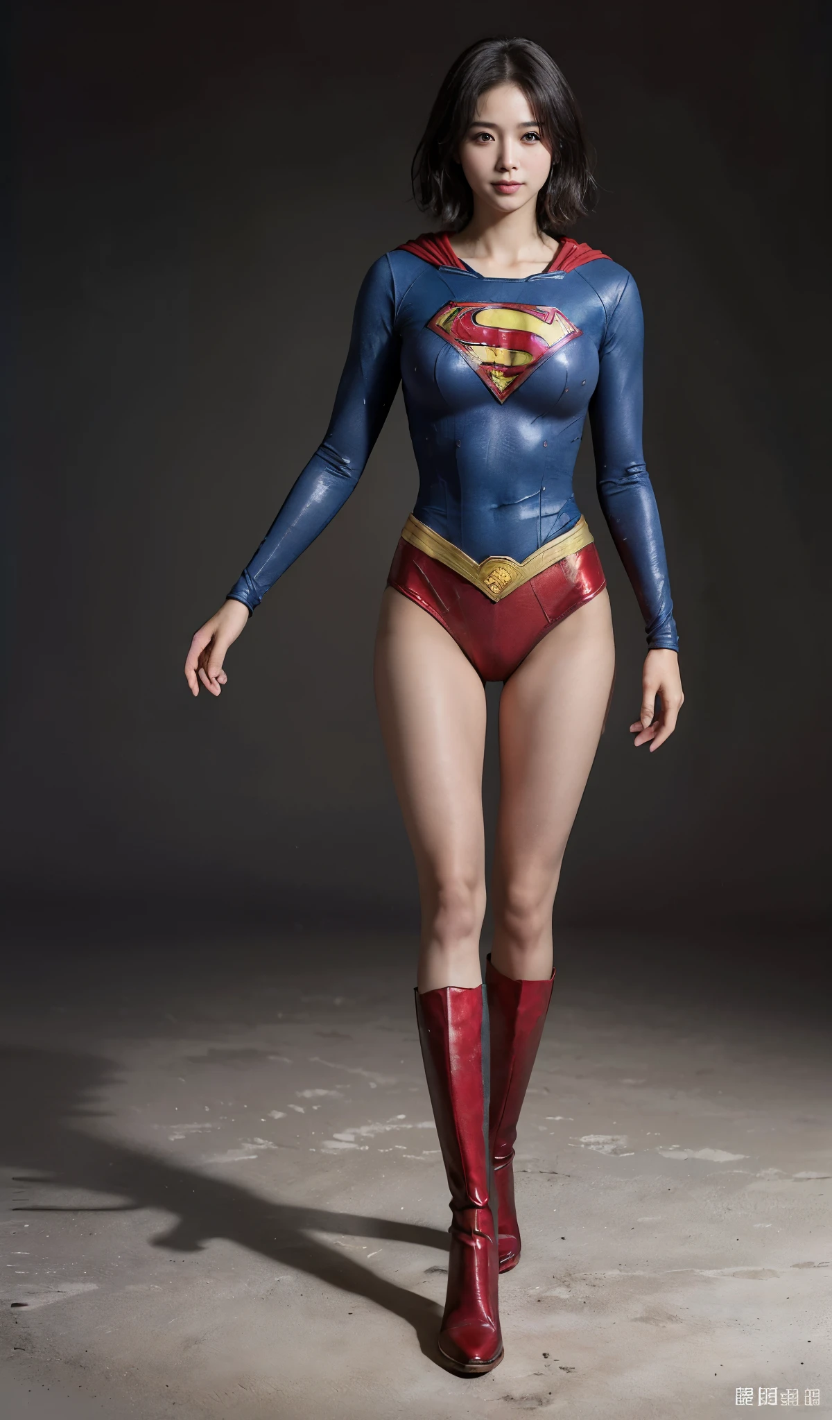 No background、(((Beautiful legs in black tights.)))、(((Legally express the beauty of your smile)))、((((Make the most of your original images)))、(((Supergirl Costume)))、(((beautiful short bob hair)))、(((suffering)))、(((Please wear black tights....、Wear red boots)))、((Best image quality、8K))、((highest quality、8K、masterpiece:1.3))、(((keep background )))、Sharp focus:1.2、Beautiful woman with perfect figure:1.4、Thin abdominal muscles:1.2、Wet body:1.5、Highly detailed face and skin texture、8K