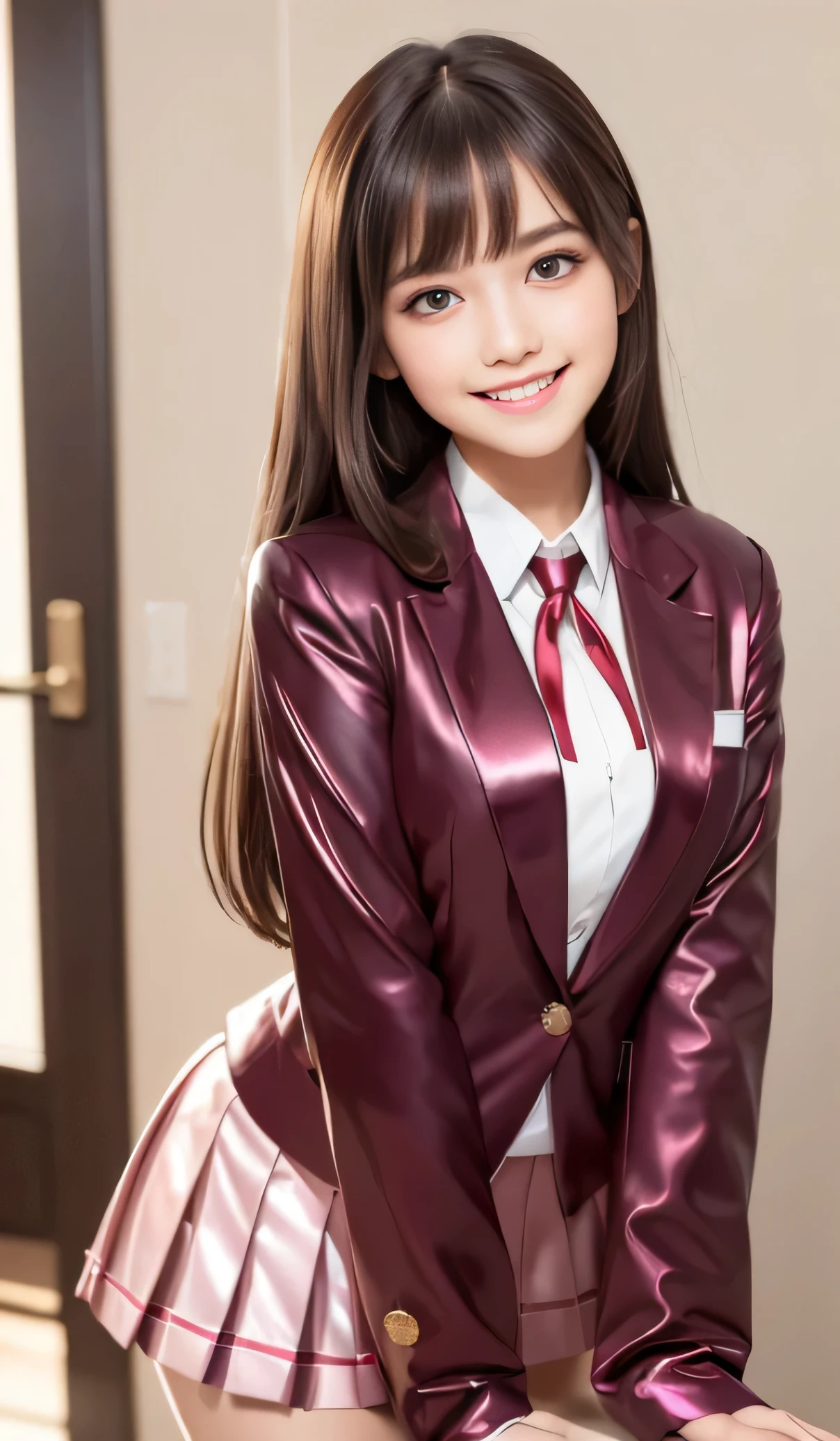 Angelic Very beautiful cute young girl, Beautiful detailed eyes, Detailed double eyelids, (Large eyes:1.3), Long straight brown hair, see-through bangs, beautiful detailed face and eyes, small straight nose,(14 yo:1.3),
smiling, BREAK (super shiny metallic dark red blazer:1.4),(metallic pearl white school blouse),(shiny metallic bright pink neck ribbon tie:1.2),(super shiny metallic dark blue pleated skirt :1.2),(school uniform with super reflective surfaces:1.5),(Very beautiful cute girl:1.2), Very beautiful cute young girl, Beautiful detailed eyes, Detailed double eyelids, (Large eyes:1.3), Long straight brown hair, see-through bangs, beautiful detailed face and eyes, laughing, super shiny dark blue pleated skirt:1.1),break
(Very beautiful cute girl, Beautiful detailed eyes, Detailed double eyelids:1.3), (Soft Saturation: 1.3), (Fair skin: 1.4), (Large eyes:1.4), break
Very beautiful cute girl, Sharp Focus, brown hair, Very beautiful cute girl, Raw photo, High resolution, perfect detail, Professional Photography, Professional Lighting, strong lighting,
break
(smile:1.6)