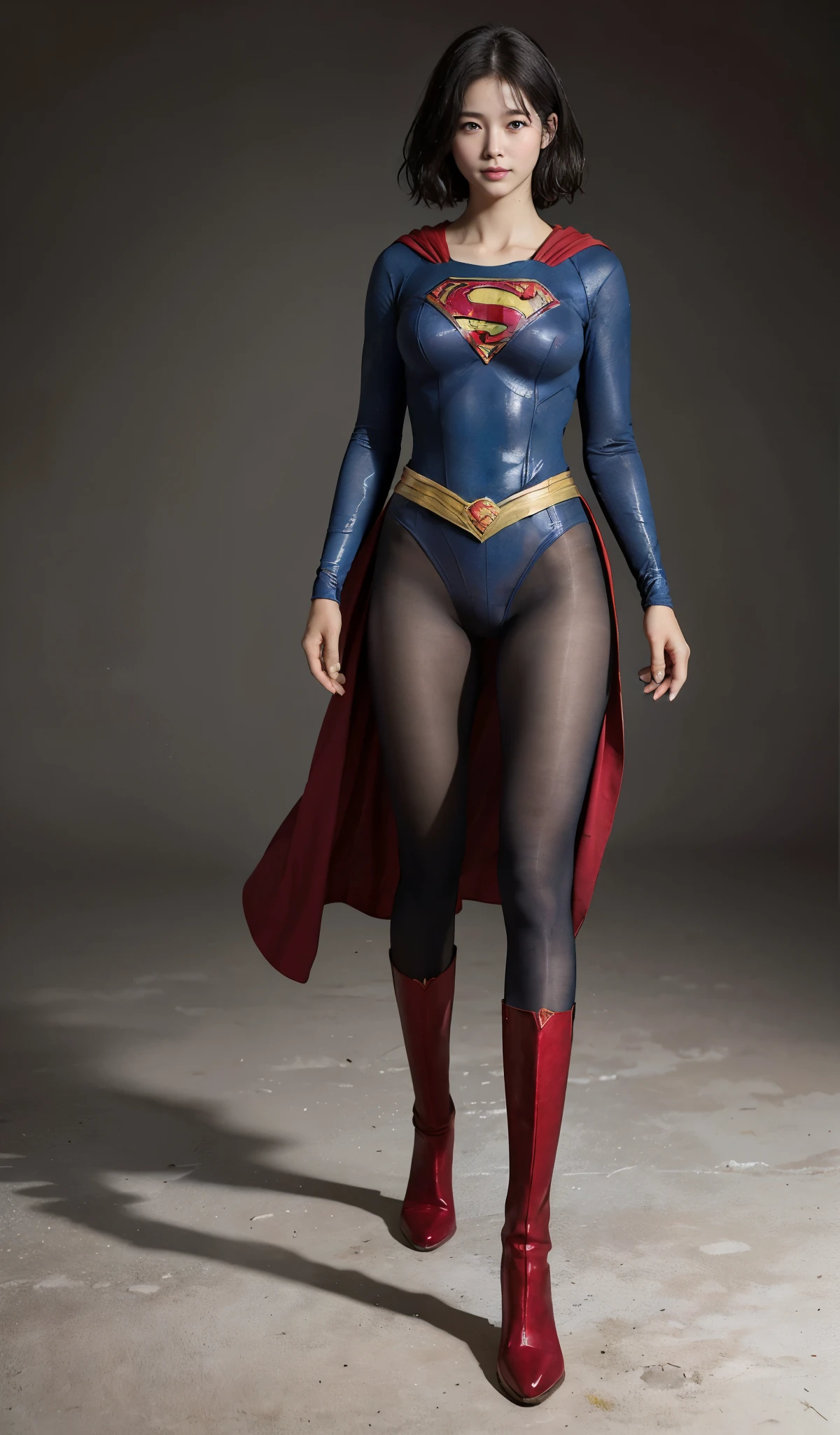 No background、(((Beautiful legs in black tights.)))、(((Legally express the beauty of your smile)))、((((Make the most of your original images)))、(((Supergirl Costume)))、(((beautiful short bob hair)))、(((suffering)))、(((Please wear black tights....、Wear red boots)))、((Best image quality、8K))、((highest quality、8K、masterpiece:1.3))、(((keep background )))、Sharp focus:1.2、Beautiful woman with perfect figure:1.4、Thin abdominal muscles:1.2、Wet body:1.5、Highly detailed face and skin texture、8K