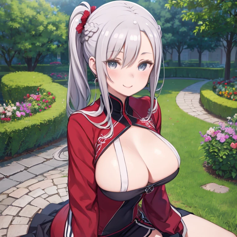 masterpiece, highest quality、1 Mature Woman、Silver Hair、Side Ponytail、Braid、Odd Eye、(((Big Breasts)))、Red jersey、Empty chest、smile、garden、