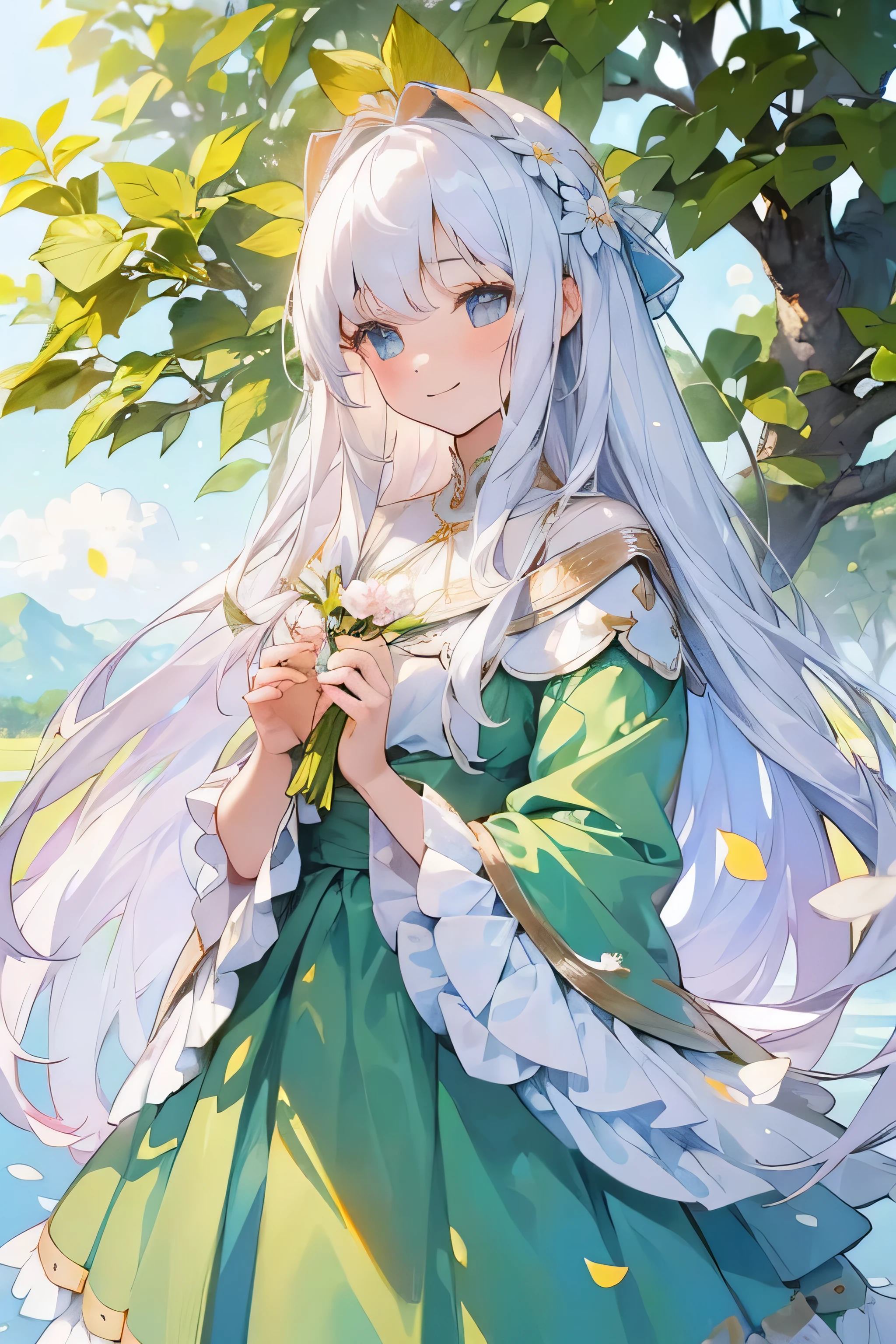 (top quality, masterpiece, ultra-realistic,8k), one beautiful delicate portrait of a girl with long hair, white hair,perfect body, smiling, soft and peaceful expression, big round sparkling eyes , the background landscape is a jungle with petals and puffs flying around, The girl stands next to the old tree, this is a panoramic picture. --v6