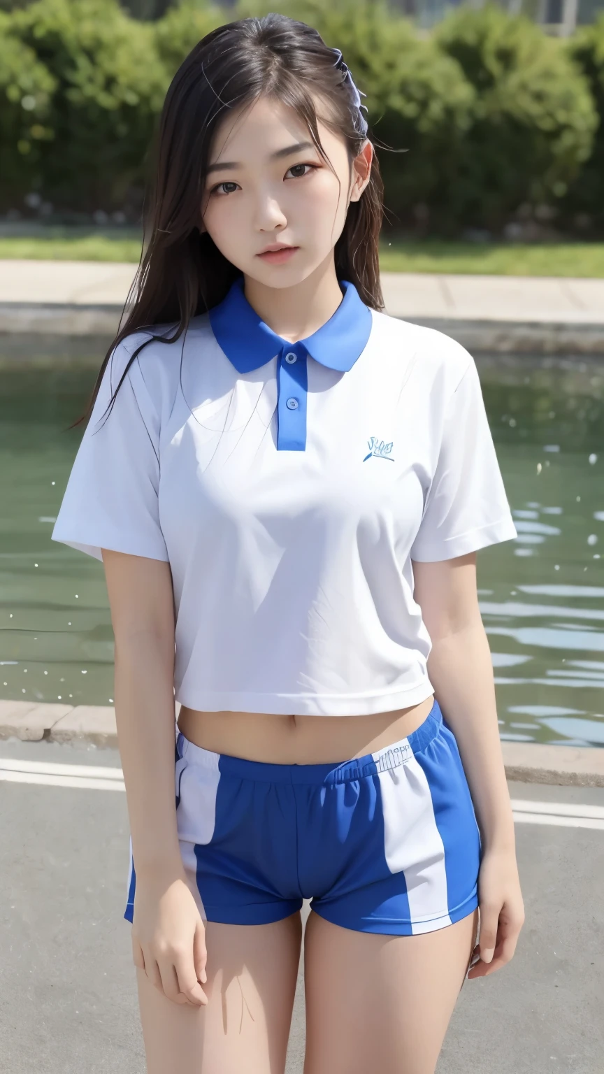 best quality, masterpiece, ultra high resolution, original photo, (lifelike:1.4), 1 girl, Detailed face, cowboy shooting, exist (Tight blue collar white shirt, Tight high-cut blue sports shorts,white transparent),exist学校厕所里，躺exist充满水的浴缸里，躺exist充满水的浴缸里，legs spread，legs spread，Turbulent posture，Turbulent posture，big breasts, nipple bulge, nipple bulge,nipple bulge,Unbuttoned clothes,split,The whole body is soaked with clothes, The whole body is soaked with clothes, Wet clothes cling to the body, Wet clothes cling to the body, (Willow Yao:1.2), Hair tied into balls，Hair tied into balls, No braids，No braids，Don't braid，Don't braid，Bokeh, beautiful lightexistg, model posexistg, Perfect body，pretty face， beautiful girl，Pull up the posing to reveal underwear，legs spread，There is thick liquid flowing down the inside of the leg，The front of the pants is soaked，transparent underwear，The small slit below is recessed，Water leaked from the small slit and soaked the underwear，Anterior top of the crotch，pubic hair exposed