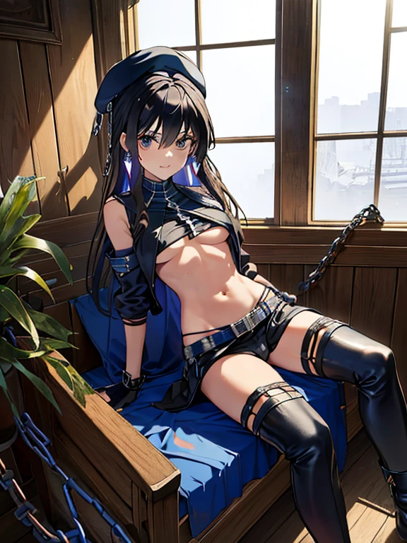 (Thynasha:1.2),dark blue hair,very long hair, purple eyes,(beautiful detailed eyes:1.0), extremely detailed face, perfect lighting, hair between eyes,bangs, (black beret, black jacket, open clothes, cleavage, midriff, black medium skirts, black thighhighs, thigh strap, fingerless gloves, single glove:1.2), Photo,sharpness, F1.6 lens,hyper-realistic textures,spectacular light textures, Cinestil 800 Fashion Mechanics,(((Beautiful woman with left leg restrained by chains))),Appearance,Beautiful girl with accentuated slender abs: 1.1,six-pack abs: 1.1, Bust Botox,Standing on tiptoe, long legs,Long brown hair fluttering in the wind,Brown hair, Long hair, Female Warrior Costume,(No panties,No bra),(tacticul battle fashion,elbow and knee tacticul battle fashion, battle glove: 1.1),((cute batre costume)),The belly comes out and the navel is visible,Thin sheer costume, combat gloves,shredded costumes,cyber long combat boots with golden knee pads,Anatomical,(futuristic sci-fi battle fashion, new elbow and knee cyberpads, new cyberlong boots, new cybergloves: 1.1),(tied perfectly by iron chain:1.3), Restraint, Slave, collars, contempt, (Chained), 4 chains hung from heaven, Metallic shackles and fetters, wet crotch clearly visible,((Hands are restrained above the head)), the neck is chained,Chain from left knee to heaven,Chained by rusty iron chains,((the tip is protruding, areolas protruding,The shape of the pubic harearea is clearly visible:0.9)),Sweating,Wet,Wet crotch,Wet thighs,Junkyard, Realistic, (cute, perfect clothes, skimpy clothes, cute: 1.3) ,Vast miritary base in us,((wide mirtary hospital with summer sunlight)), peeling ceilings, Rebar between, Realistic material details, Extreme details, Ultra-realistic materials,narrow waist,(with sparkling eyes and a contagious smile:0.9),looking at viewer,