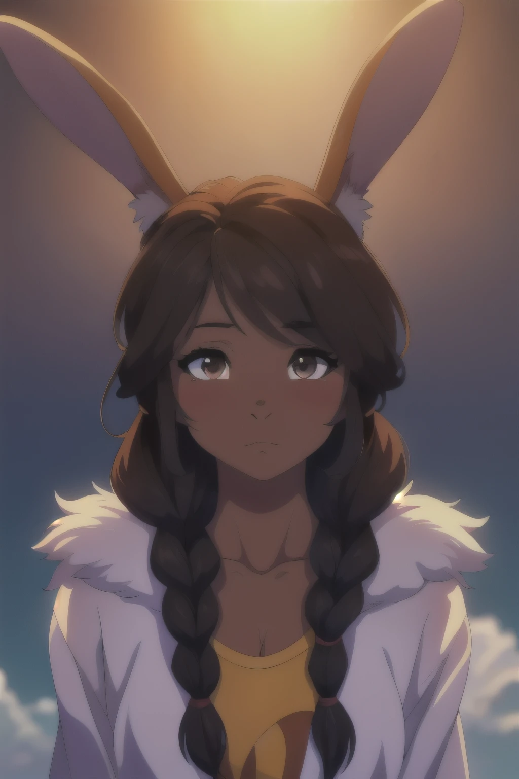 1 girl, (dark skin:1.2), shy, cute, (8k, RAW photo, best quality, masterpiece:1.2) ultra-detailed, Super detailed, vivid colors, anime, unreal engine 5, studio lighting, purple and hazel eyes, blank eyes, Day clouds background, Aesthetic, romantic, Luna, Dark skin, Rabbit ears. Dark Brown Hair, Braided Hair, Rabbit Furry