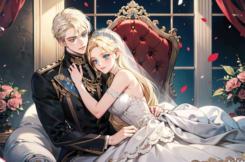 A luxurious wedding ceremony. A young handsome tall statuesque masculine man platinum blonde with blue eyes, long platinum hair, bangs, dressed in an expensive men's wedding suit, he hugs an incredibly beautiful femme fatale young woman standing next to him in a chic wedding dress, she has blue eyes, exquisite precious jewelry, her luxurious long golden long hair, styled in a beautiful her hair, a long veil, a diamond tiara, she holds an exquisite bouquet of the bride in her hands. They are in love with each other, happy.