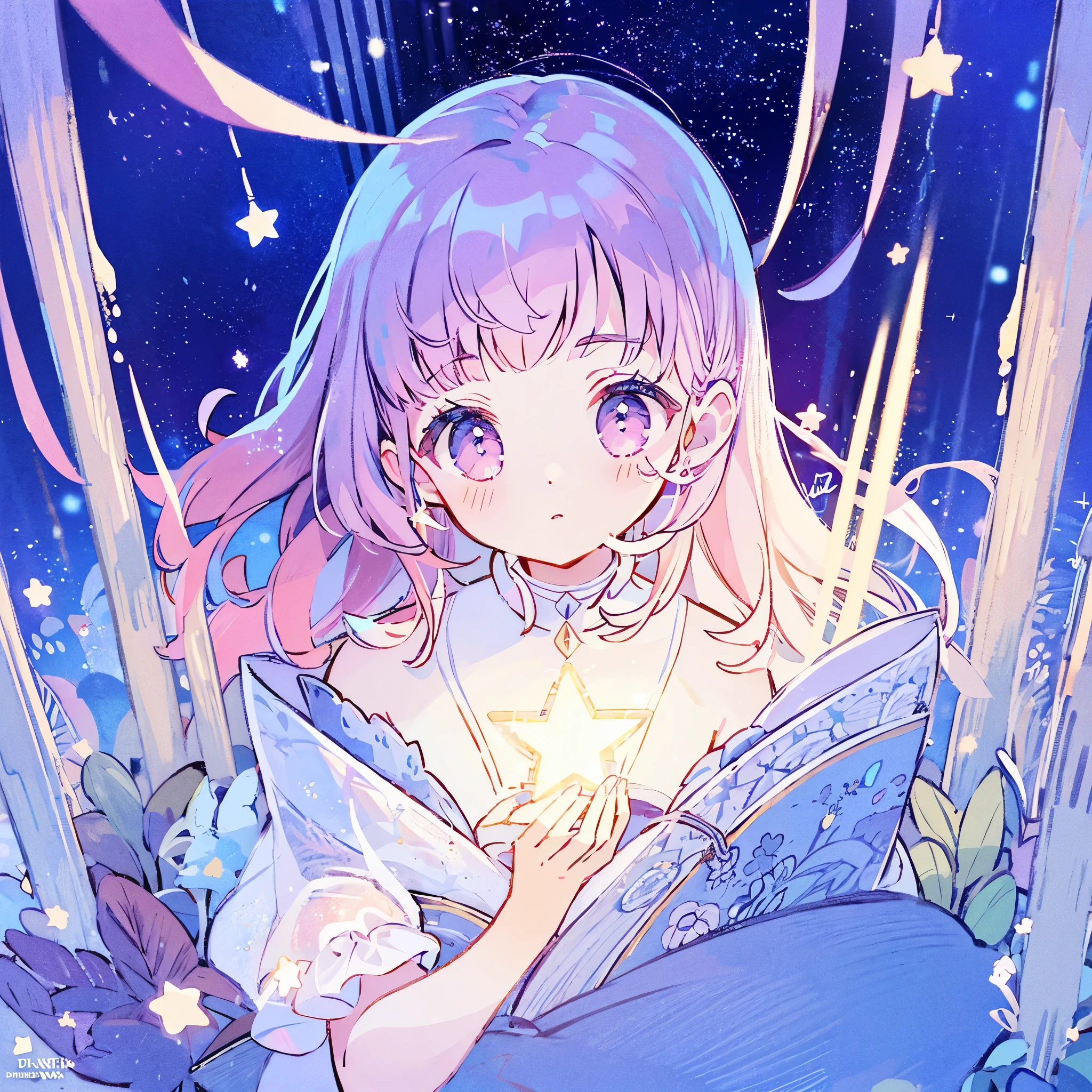complex background, wishing star background, a woman wearing an ethereal mystical pink translucent dress that reflects the stars, perfume promo art, mystic, complex drawing, highly detailed, Covergirl brand, promo art, artistic rendition, ethereal, starry night, midjourney style