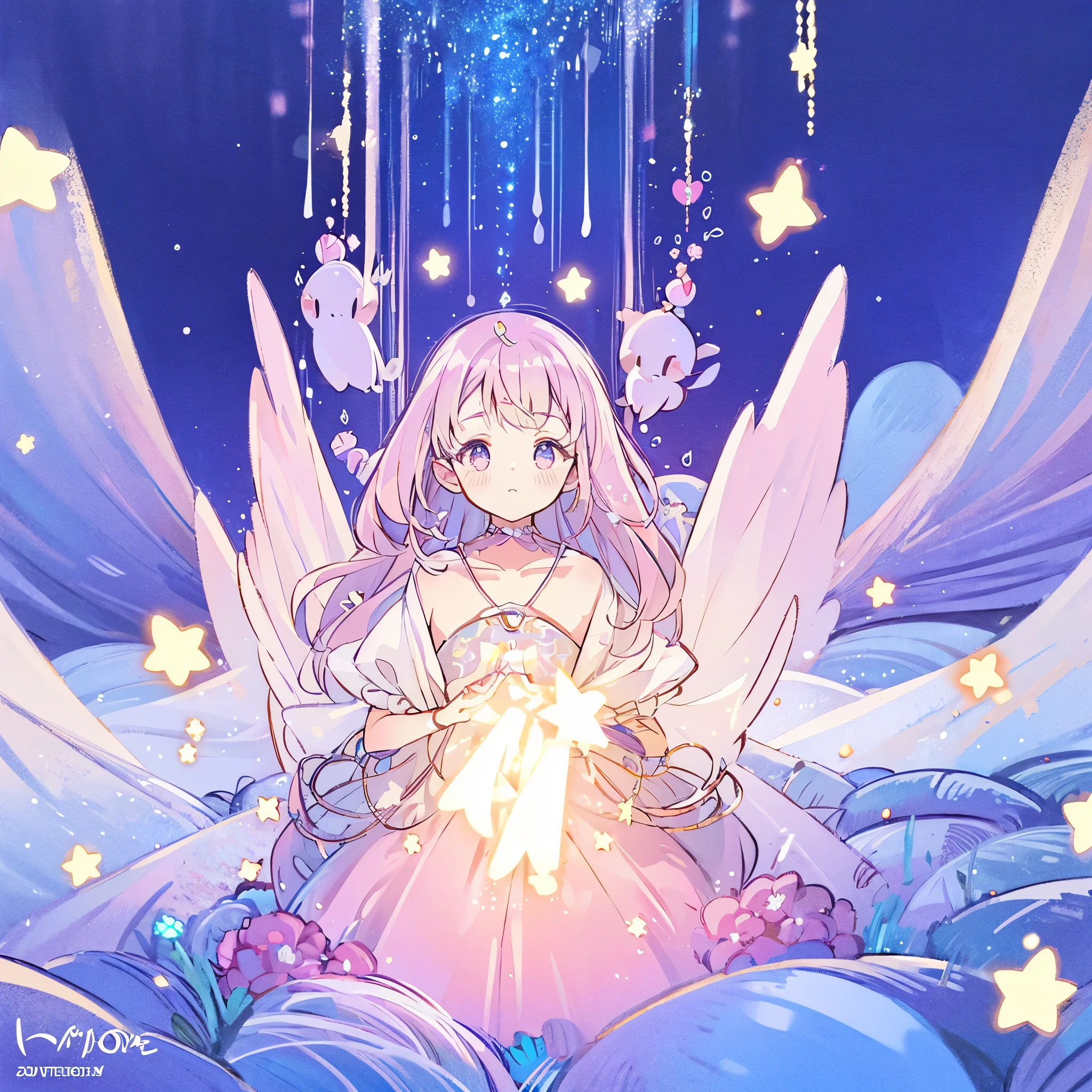 complex background, wishing star background, a woman wearing an ethereal mystical pink translucent dress that reflects the stars, perfume promo art, mystic, complex drawing, highly detailed, Covergirl brand, promo art, artistic rendition, ethereal, starry night, midjourney style