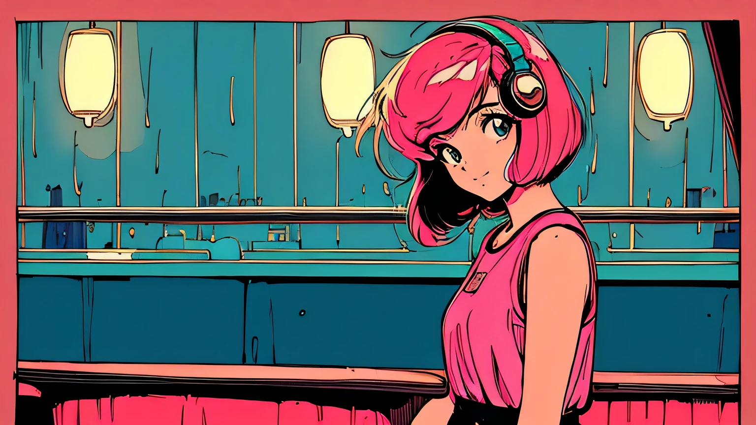 master piece, City Pop style, Pink Hair, fluffy bob cut, wearing headphones, shoulder length, alone, Futuristic, yet, lofi, retro, vintage, Ghost, light smile,
drinking cocktails at a jazz bar, (( wide shot)), ((rainy day)), (( The person is on the right ))