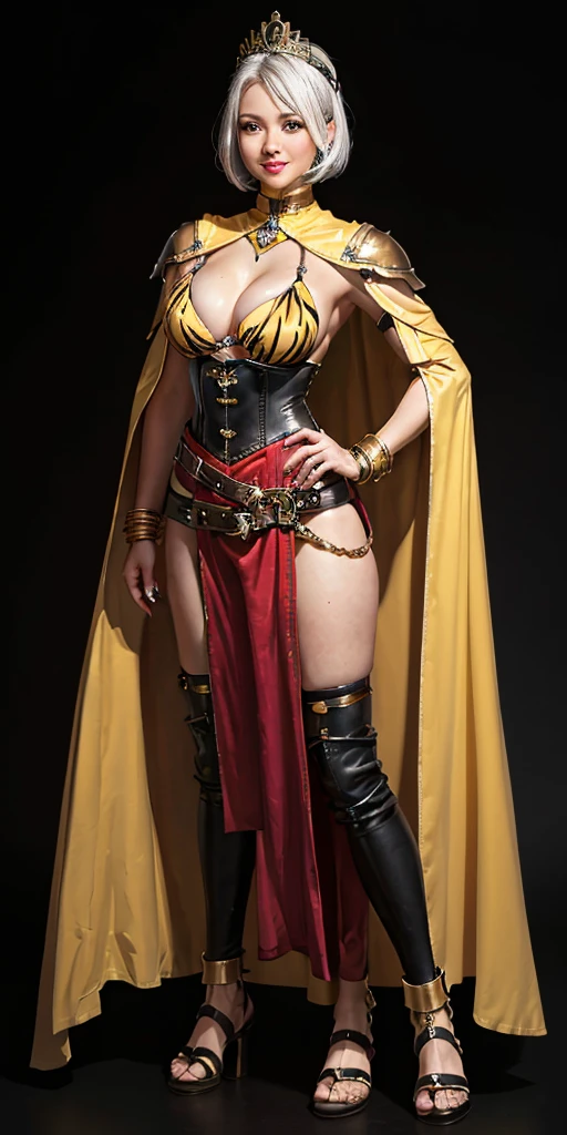 ((BLACK BACKGROUND 1:2, masterpiece)) 1solo female full body MILF BIMBO standing straight symmetrical with two long thighs and two metal sandals, red eyes like rubies, eye focus looking to the viewer, silver white hair, short bob style hair, big knockers breastplate, breastplate, cleavage, tiara royal, long cape up to two feet, yellow bikini (yellow tiger stripes), lustful smirking smiling, smile face (red blushed, red cheeks), pauldrons metal shoulders, gold sleeveless bracelets, separate sleeves, hands on waist hands OR hips, golden bracers, metal handcuffs, leather corset, red loincloth, black leather choker slave collar, shackles bracelets, slave red crest under navel, navel, big belt around waist OR hips, feet together, metal ankle, two long thighs and two metal sandals