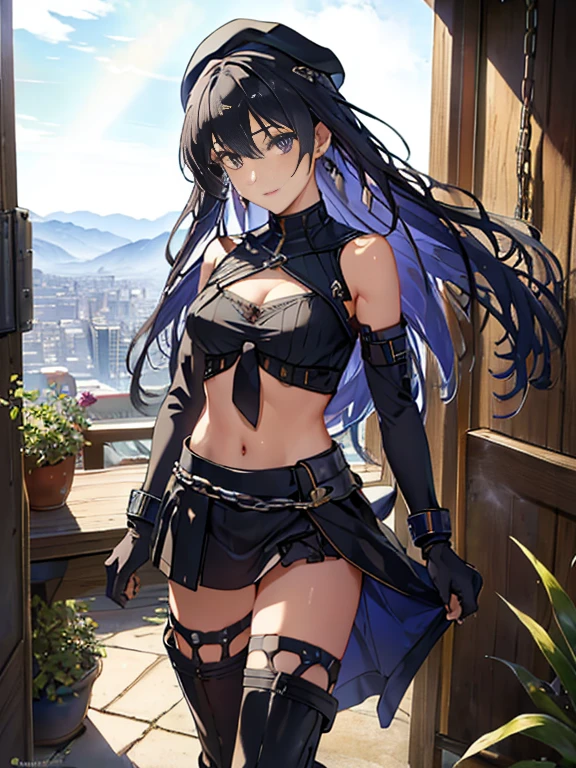 (Thynasha:1.2),dark blue hair,very long hair, purple eyes,(beautiful detailed eyes:1.0), extremely detailed face, perfect lighting, hair between eyes,bangs, (black beret, black jacket, open clothes, cleavage, midriff, black medium skirts, black thighhighs, thigh strap, fingerless gloves, single glove:1.2), Photo,sharpness, F1.6 lens,hyper-realistic textures,spectacular light textures, Cinestil 800 Fashion Mechanics,(((Beautiful woman with left leg restrained by chains))),Appearance,Beautiful girl with accentuated slender abs: 1.1,six-pack abs: 1.1, Bust Botox,Standing on tiptoe, long legs,Long brown hair fluttering in the wind,Brown hair, Long hair, Female Warrior Costume,(No panties,No bra),(tacticul battle fashion,elbow and knee tacticul battle fashion, battle glove: 1.1),((cute batre costume)),The belly comes out and the navel is visible,Thin sheer costume, combat gloves,shredded costumes,cyber long combat boots with golden knee pads,Anatomical,(futuristic sci-fi battle fashion, new elbow and knee cyberpads, new cyberlong boots, new cybergloves: 1.1),(tied perfectly by iron chain:1.3), Restraint, Slave, collars, contempt, (Chained), 4 chains hung from heaven, Metallic shackles and fetters, wet crotch clearly visible,((Hands are restrained above the head)), the neck is chained,Chain from left knee to heaven,Chained by rusty iron chains,((the tip is protruding, areolas protruding,The shape of the pubic harearea is clearly visible:0.9)),Sweating,Wet,Wet crotch,Wet thighs,Junkyard, Realistic, (cute, perfect clothes, skimpy clothes, cute: 1.3) ,Vast miritary base in us,((wide mirtary hospital with summer sunlight)), peeling ceilings, Rebar between, Realistic material details, Extreme details, Ultra-realistic materials,narrow waist,(with sparkling eyes and a contagious smile:0.9),looking at viewer,