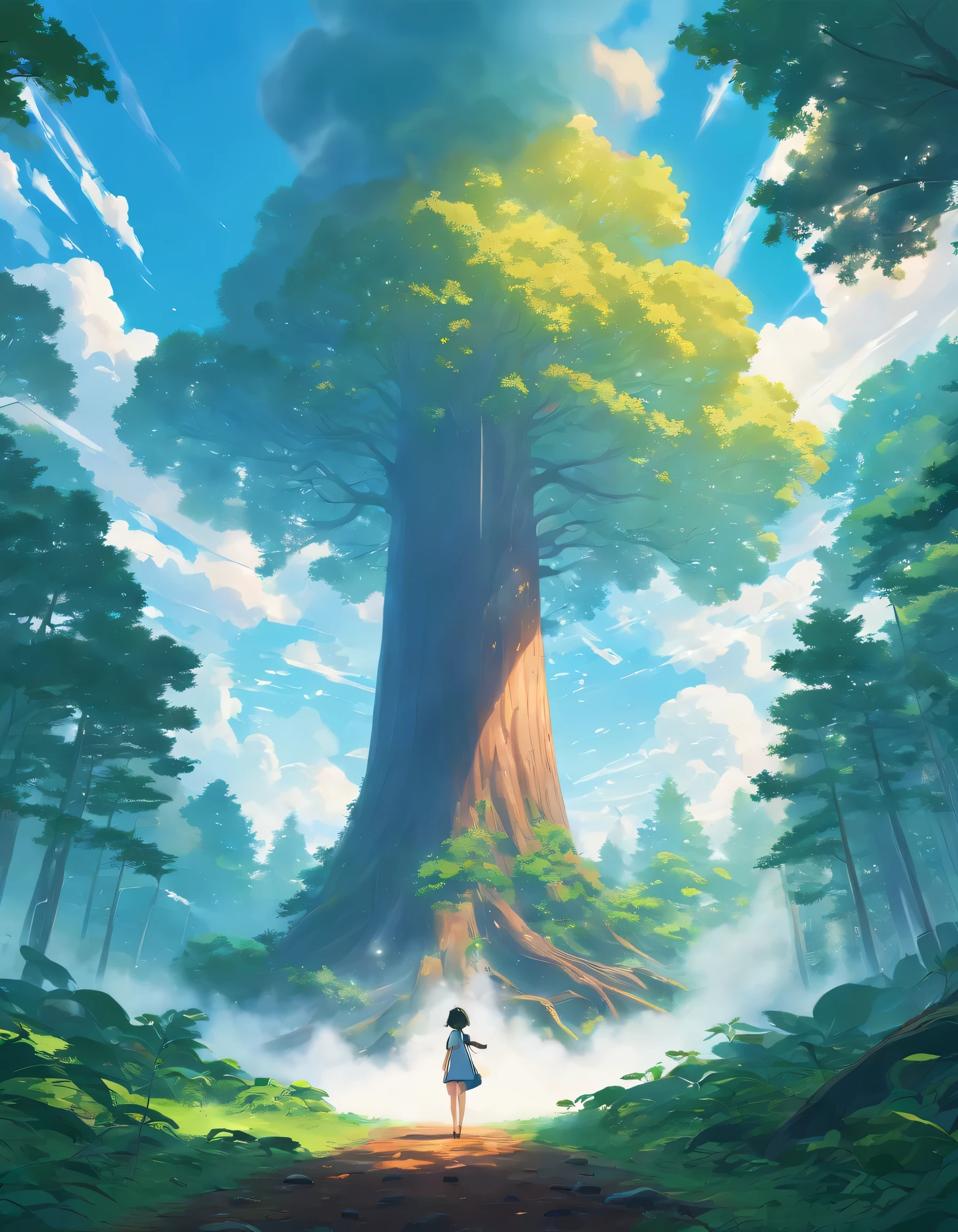 Boiling a giant tree as tall as a cloud of mist
, In the middle of the forest, High-resolution realism,
Rooted deep in the soil, , floating clouds, soft light, sharp, 4K8K, search
