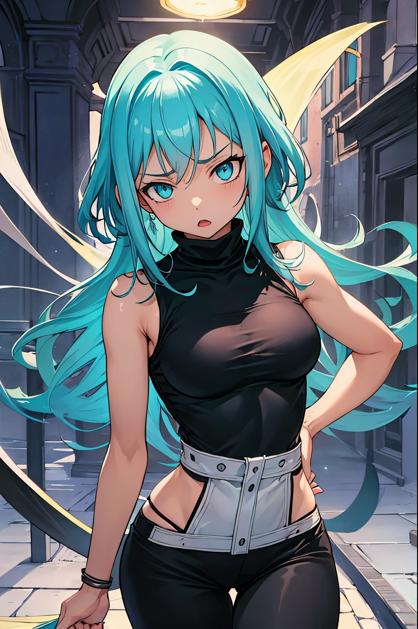 (masterpiece, best quality:1.2), expressive eyes, perfect face, highres, (female:1.5), 1girl, solo, black_star_soul_eater, blue hair, green eyes, long hair, worried face, black bodysuit, blushing, open mouth, standing, upper body, looking at the viewer
