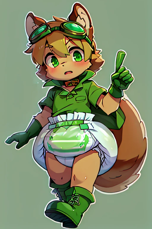 boy, furry, blown squirrel ears, animal ear fluff, bodyfur, blown squirrel tail, green goggles, green club budge, green neckerchief, green salior collar, green cloak, light green polo shirt, short sleeves, bottomless, diaper, green rubber gloves, green wellington boots