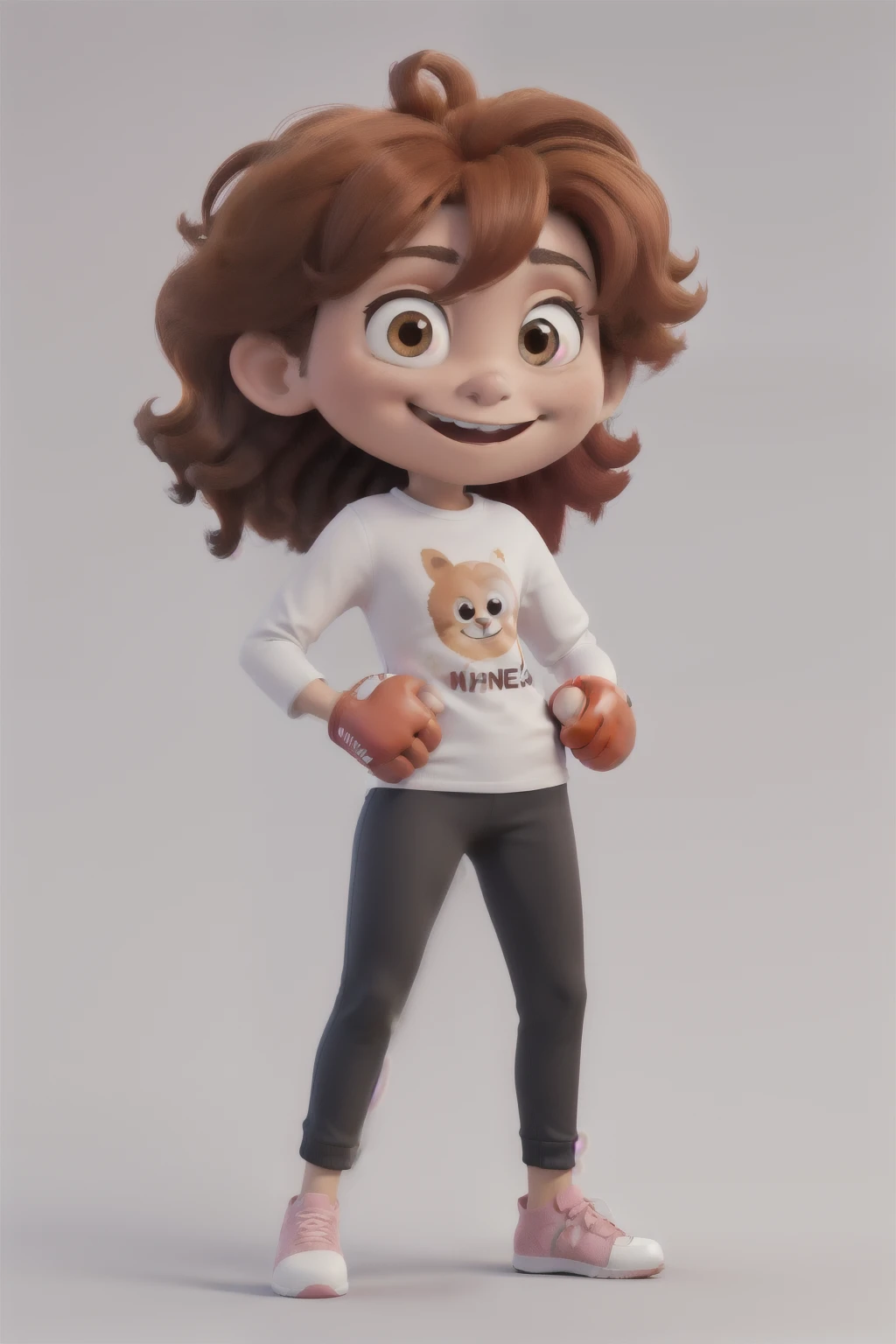 fondo naranja, cabello ????? largo, ojos claros color miel, white long-sleeved t-shirt without design and facing forward.Add some pink boxing gloves and a happy expression on your face.