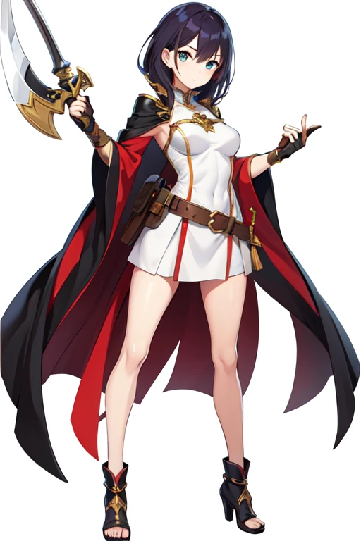 (stand posture), cute eyes, adult woman,, solo, high fantasy outfits, ((white background)), (full body), holding weapon, belt, character design,