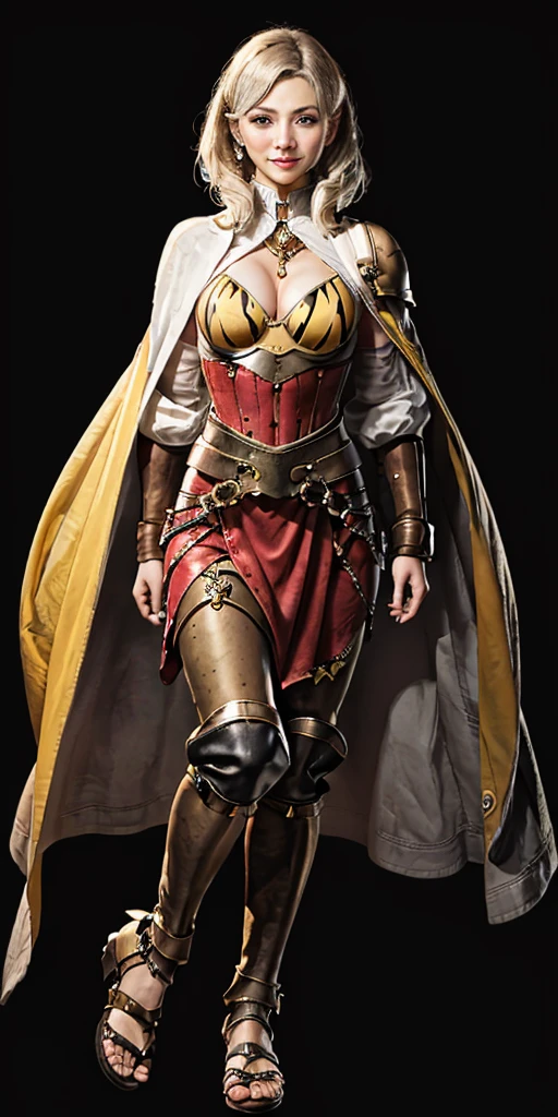 (Forest:Face:LORA)((BLACK BACKGROUND 1:2, masterpiece)) 1solo female full body MILF BIMBO standing straight symmetrical with two long thighs and two metal sandals, red eyes like rubies, eye focus looking to the viewer, silver white hair, short bob style hair, big knockers breastplate, breastplate, cleavage, tiara royal, long cape up to two feet, yellow bikini (yellow tiger stripes), lustful smirking smiling, smile face (red blushed, red cheeks), pauldrons metal shoulders, gold sleeveless bracelets, separate sleeves, hands on waist hands OR hips, golden bracers, metal handcuffs, leather corset, red loincloth, black leather choker slave collar, shackles bracelets, slave red crest under navel, navel, big belt around waist OR hips, feet together, metal ankle, two long thighs and two metal sandals