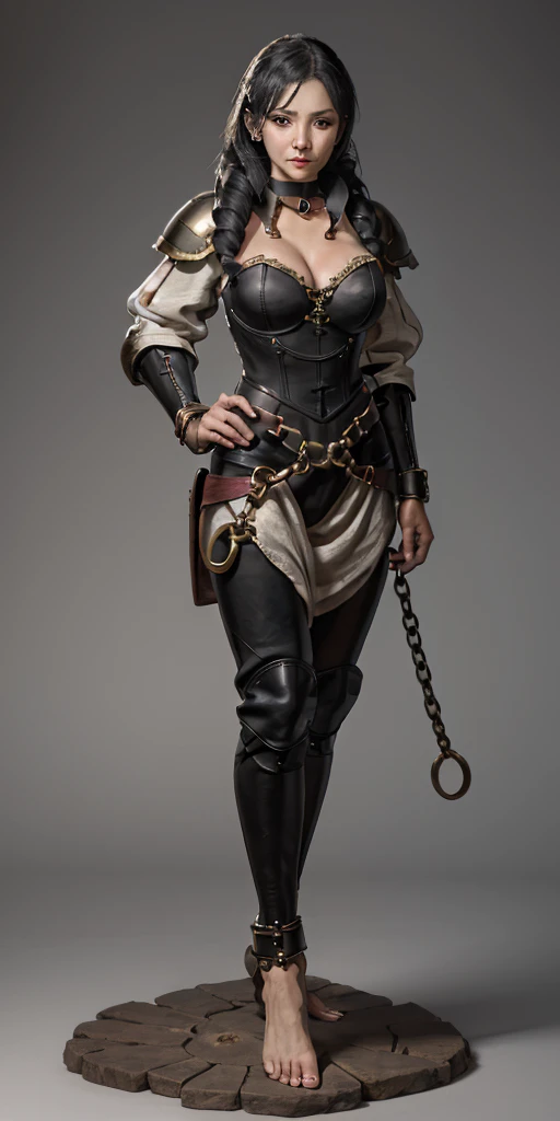 full body, barefoot, solo, female, big breast, linen tunic, fantasy village, armor, Handcuffs on their hands with a collar around the neck, hands on hips, slave ((black choker, shackles on legs and arms))