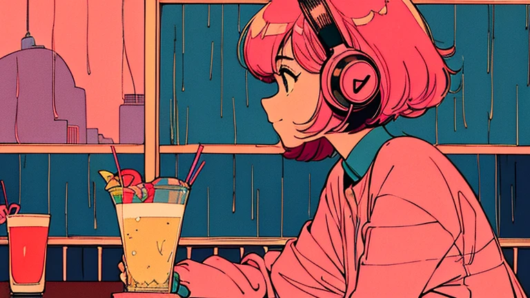 master piece, City Pop style, Pink Hair, fluffy bob cut, wearing headphones, shoulder length, alone, Futuristic, yet, lofi, retro, vintage, Ghost, light smile,
drinking cocktails at a jazz bar, (( wide shot)), ((rainy day)), (( The person is on the left ))