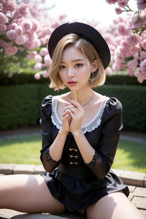 Photo realistic、Photorealistic Blonde、depigmented hair、short hair、Straight hair、Lots of vans Big eyes、Round face、Plump Cheeks、Round face contours、Small Face、Baby Face Japanese、16 years old、Small body、Skinny body、Young Body、Soft thighs Black Mini Hat、Lolita Fashion、red wedding dress、black ruffles、wear lace、Dresses that stand out、Decoration Dress、Short skirt、Unique clothing Adult Pose、Bold Pose、Face is close、Face close-up、Blushing、Look at this、stick out your tongue and lick、Fluid around the mouth、Drooling background、Old-fashioned Western-style building、Western-style castle、Castle Garden、garden、Red flower、((Support your thighs with both hands and spread your legs:1.5))、