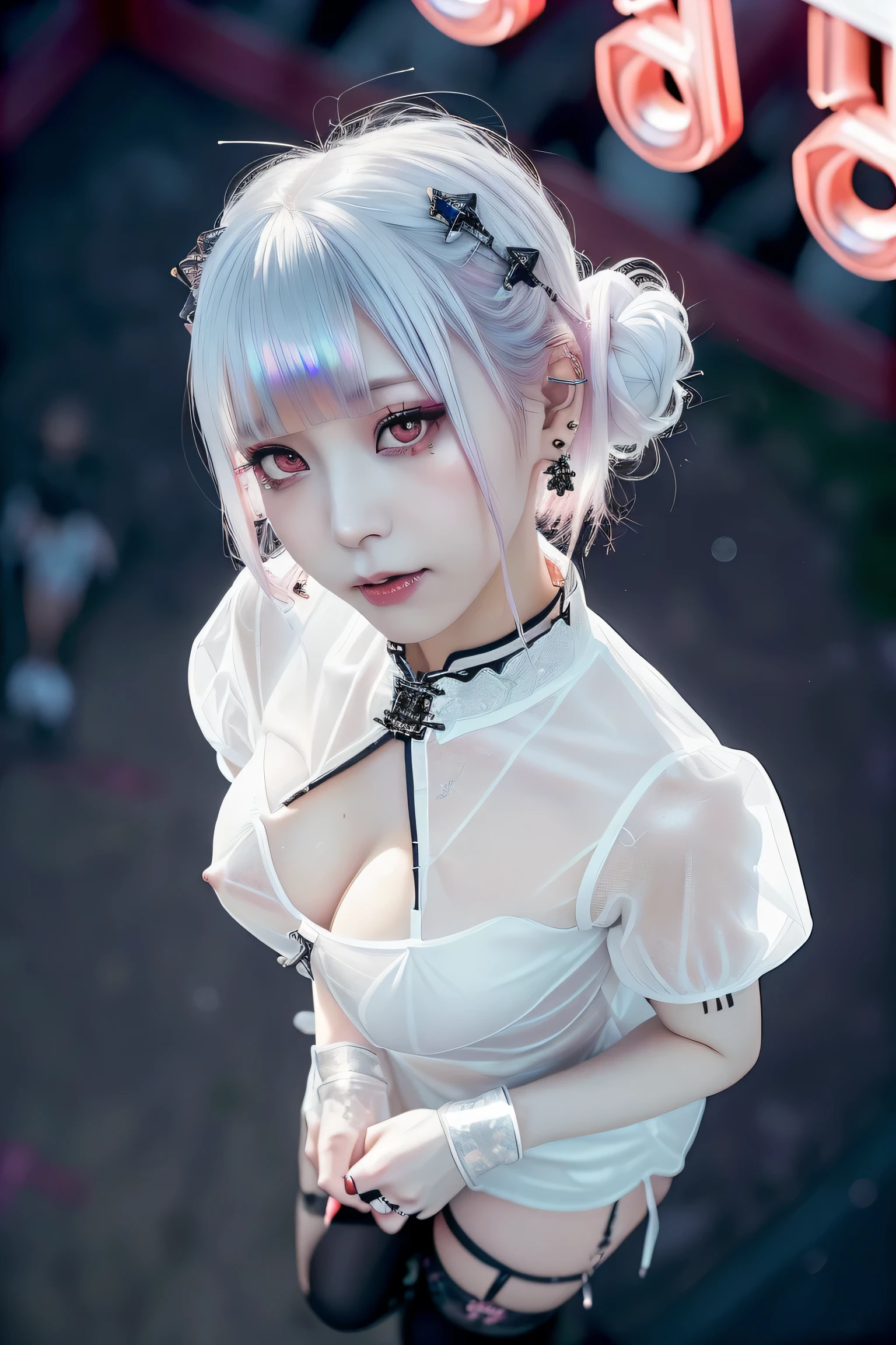((Redhead、Goth_punk, One Girl, alone, Medium Shot, Walking around Harajuku, ((at night)), Bokeh Depth of Field, Neon Light, Rainbow Eyes, Starry Sky, Red glowing hair, White eyebrows, Shiny Hair, (Iridescent white hair),Earrings, Buns, Jewelry, Dull Bangs, Veld Eyes, Blurred Blurred Background, Blurred, Hairpiece, Look at the Viewer, Short Hair, Portrait, Side Locks
BREAK ((sweden girl,white skin,white person)),,((Women's Cheongsam Collar Short Sleeve Dress)),
BREAK (gyaru:1.1),(Glamour:1. 3),(night),photo of a beautiful skinny woman (supermodel:1.3),
BREAK ((earrings, and rings),Cowboy Shot, ((tall person)),(android),((upturned eyes)),((Angle from above:1.3)),from above、Looking at camera,,((Sex Establishments, Soapland)),,((A thin, see-through))tight-fitting Underwear with straps)),((She was unaware that her nipples were showing through her Underwear set with stockings)),