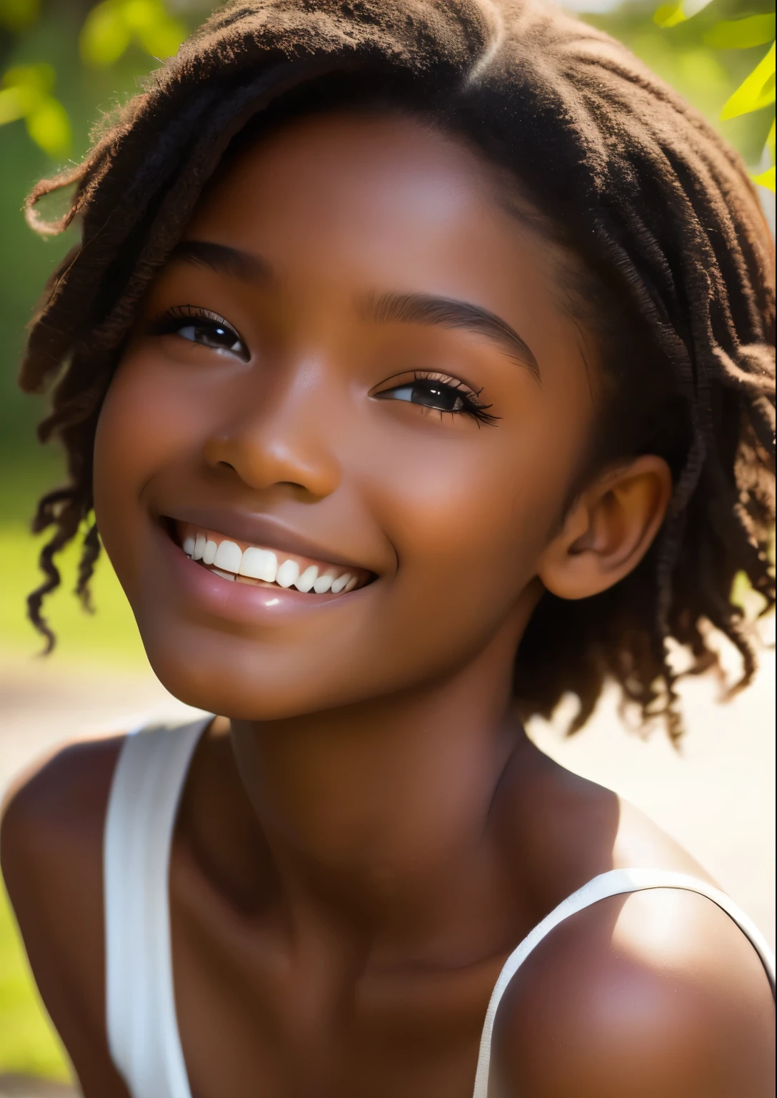 (portrait, editorial photograph) (beautiful black girl), adorable face, long brown curly hair, hazel eyes, by lee jeffries, nikon d850, film stock photograph ,4 kodak portra 400 ,camera f1.6 lens ,rich colors ,hyper realistic ,lifelike texture, dramatic lighting, (highly detailed face:1.4), perfect eyes, realistic iris, perfect teeth, (smile:0.7), (background dark, shadow of the leaves, moody, cleavage), sun rising, early morning light, Wishing for something, masterpiece, best quality, photorealistic, Citizen of Guinea-Bissau, very cute super model, perfect anatomy, skinny, ((1 girl)), (colorful reflections in the eye), (nudist), (smiling, white teeth), small nipples