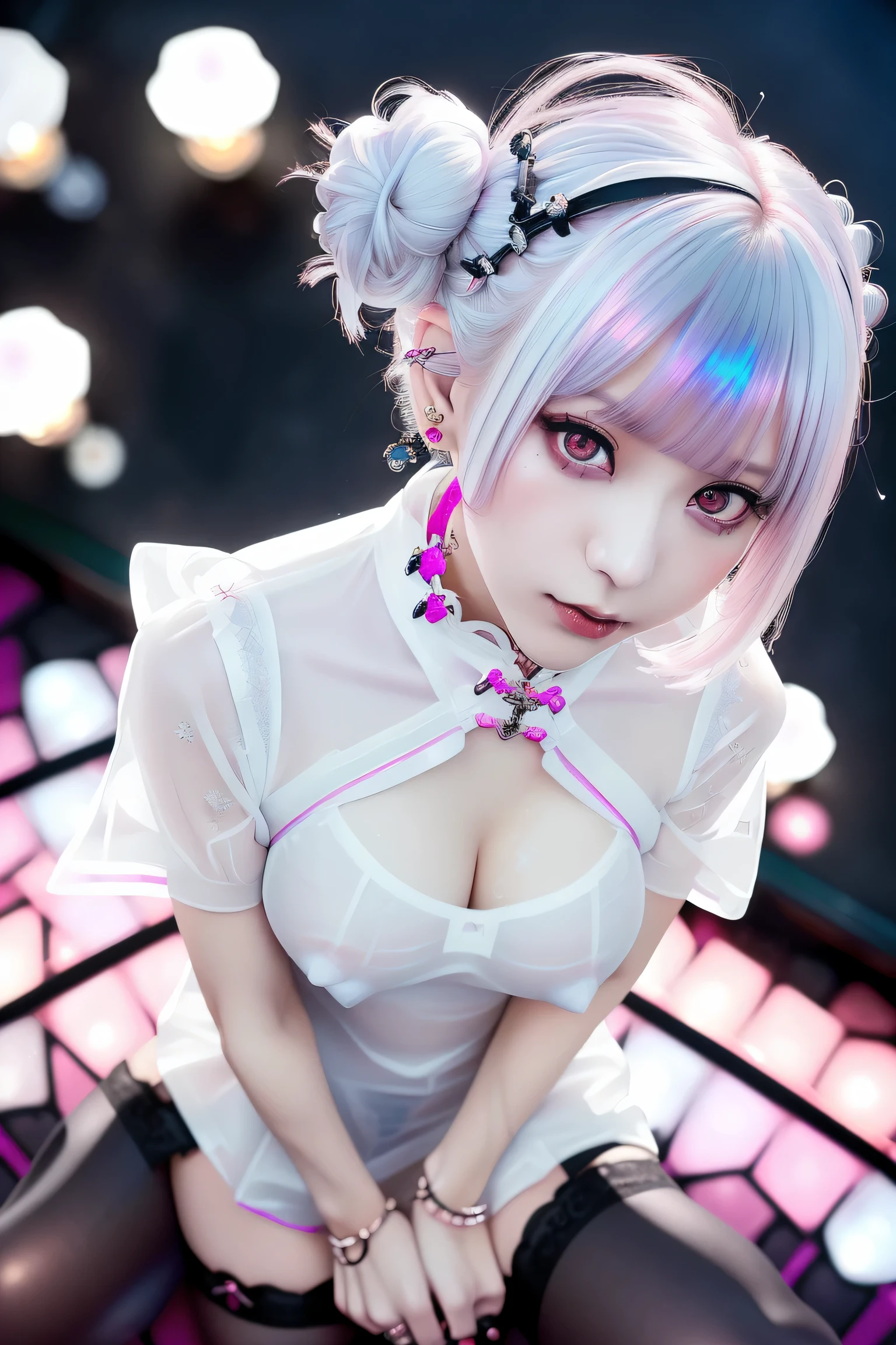 ((Redhead、Goth_punk, One Girl, alone, Medium Shot, Walking around Harajuku, ((at night)), Bokeh Depth of Field, Neon Light, Rainbow Eyes, Starry Sky, Red glowing hair, White eyebrows, Shiny Hair, (Iridescent white hair),Earrings, Buns, Jewelry, Dull Bangs, Veld Eyes, Blurred Blurred Background, Blurred, Hairpiece, Look at the Viewer, Short Hair, Portrait, Side Locks
BREAK ((sweden girl,white skin,white person)),,((Women's Cheongsam Collar Short Sleeve Dress)),
BREAK (gyaru:1.1),(Glamour:1. 3),(night),photo of a beautiful skinny woman (supermodel:1.3),
BREAK ((earrings, and rings),Cowboy Shot, ((tall person)),(android),((upturned eyes)),((Angle from above:1.3)),from above、Looking at camera,,((Sex Establishments, Soapland)),,((A thin, see-through))tight-fitting Underwear with straps)),((She was unaware that her nipples were showing through her Underwear set with stockings)),