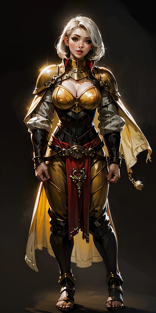 (Forest:Face:LORA)((BLACK BACKGROUND 1:2, masterpiece)) 1solo female full body MILF BIMBO standing straight symmetrical with two long thighs and two metal sandals, red eyes like rubies, eye focus looking to the viewer, silver white hair, short bob style hair, big knockers breastplate, breastplate, cleavage, tiara royal, long cape up to two feet, yellow bikini (yellow tiger stripes), lustful smirking smiling, smile face (red blushed, red cheeks), pauldrons metal shoulders, gold sleeveless bracelets, separate sleeves, hands on waist hands OR hips, golden bracers, metal handcuffs, leather corset, red loincloth, black leather choker slave collar, shackles bracelets, slave red crest under navel, navel, big belt around waist OR hips, feet together, metal ankle, two long thighs and two metal sandals
