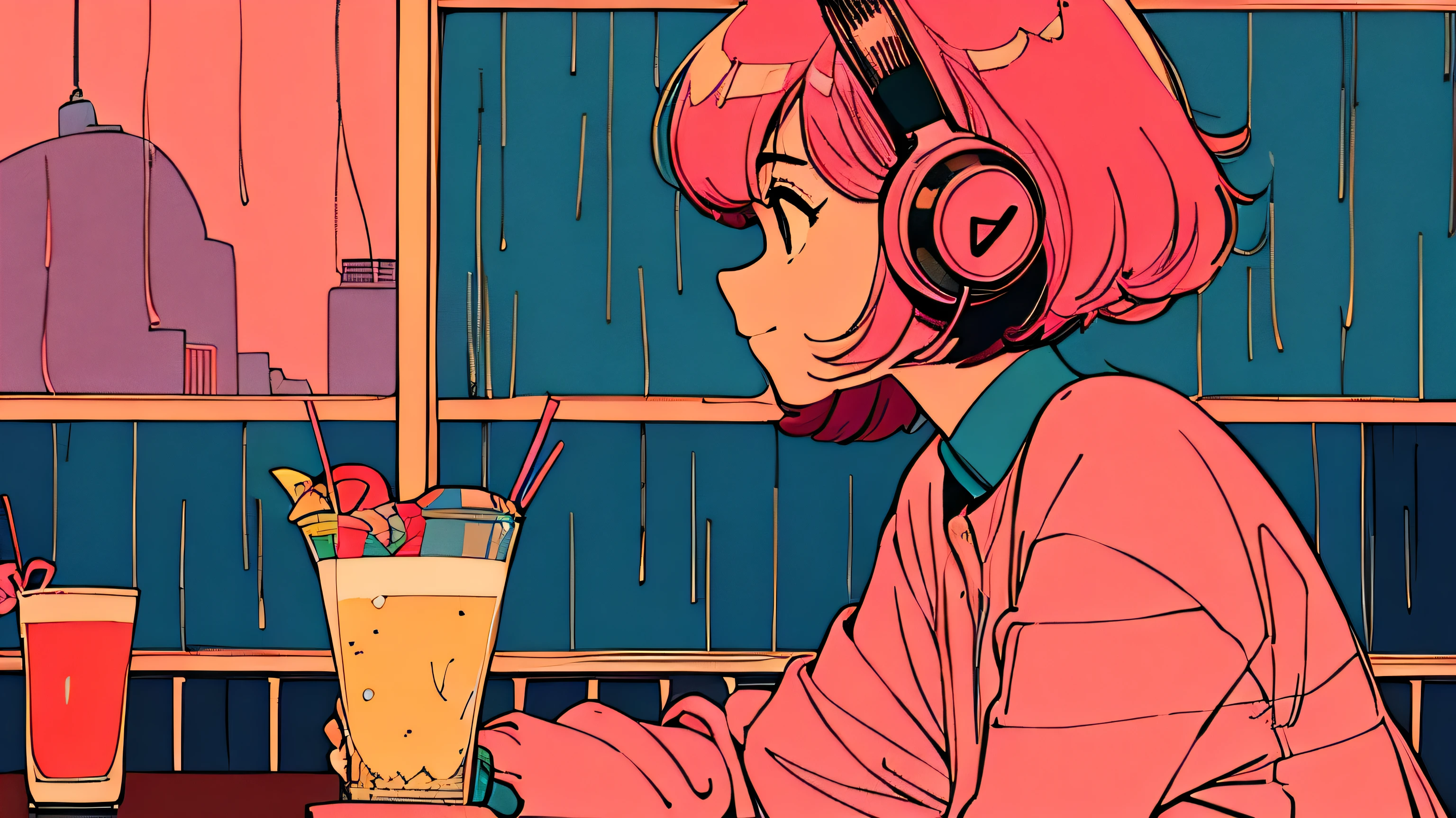master piece, City Pop style, Pink Hair, fluffy bob cut, wearing headphones, shoulder length, alone, Futuristic, yet, lofi, retro, vintage, Ghost, light smile, 
drinking cocktails at a jazz bar, (( wide shot)), ((rainy day)), (( The person is on the left ))
