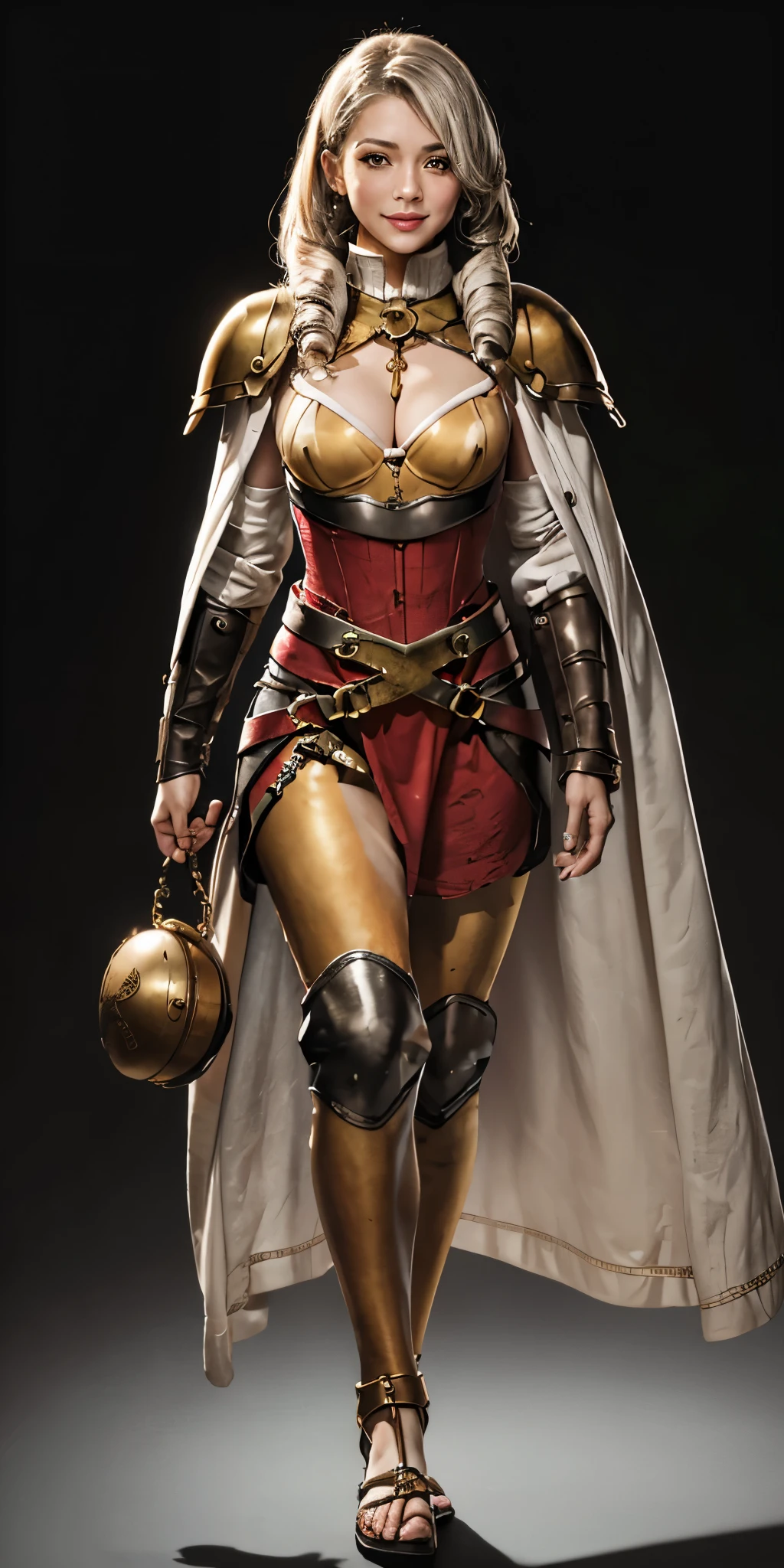 (Forest:Face:LORA)((BLACK BACKGROUND 1:2, masterpiece)) 1solo female full body MILF BIMBO standing straight symmetrical with two long thighs and two metal sandals, red eyes like rubies, eye focus looking to the viewer, silver white hair, short bob style hair, big knockers breastplate, breastplate, cleavage, tiara royal, long cape up to two feet, yellow bikini (yellow tiger stripes), lustful smirking smiling, smile face (red blushed, red cheeks), pauldrons metal shoulders, gold sleeveless bracelets, separate sleeves, hands on waist hands OR hips, golden bracers, metal handcuffs, leather corset, red loincloth, black leather choker slave collar, shackles bracelets, slave red crest under navel, navel, big belt around waist OR hips, feet together, metal ankle, two long thighs and two metal sandals