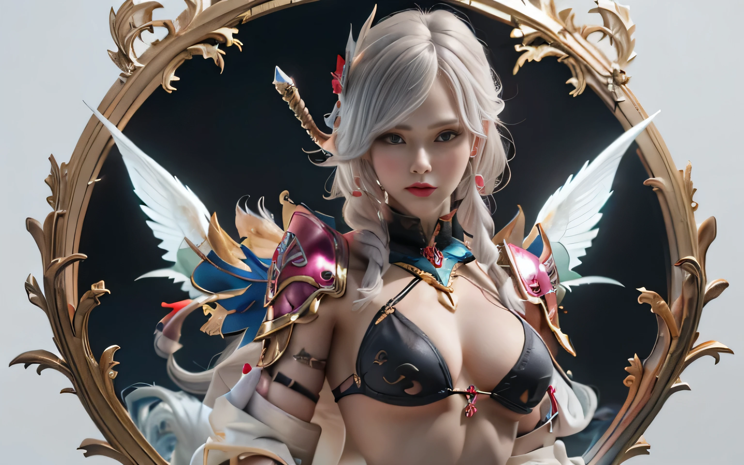 there is a woman in a black and white outfit sitting on the dcound near pond with blooming lotous holding and playing on harp, sharp silver armor fuchsia skin, glossy white armor, alluring mesmer woman, 8 k character details, drakengard, blade and soul, ornate bikini armor, high quality anime art, melodic aura around women , high quality illustration, eastern fantasy musicant women, 8k high quality wallpaper