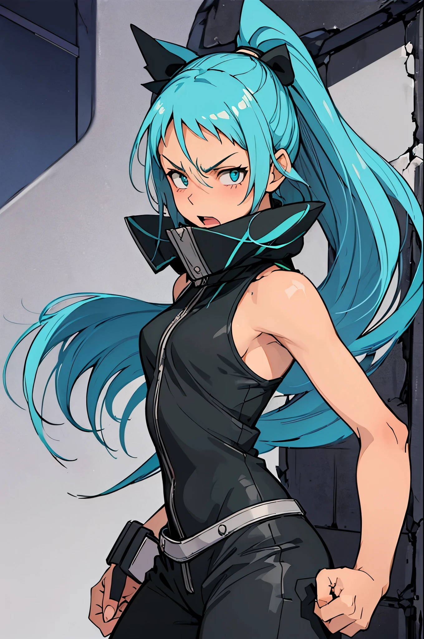 (masterpiece, best quality:1.2), expressive eyes, perfect face, highres, (female:1.5), 1girl, solo, black_star_soul_eater, blue hair, green eyes, long hair, worried face, black bodysuit, blushing, open mouth, standing, upper body, looking at the viewer
