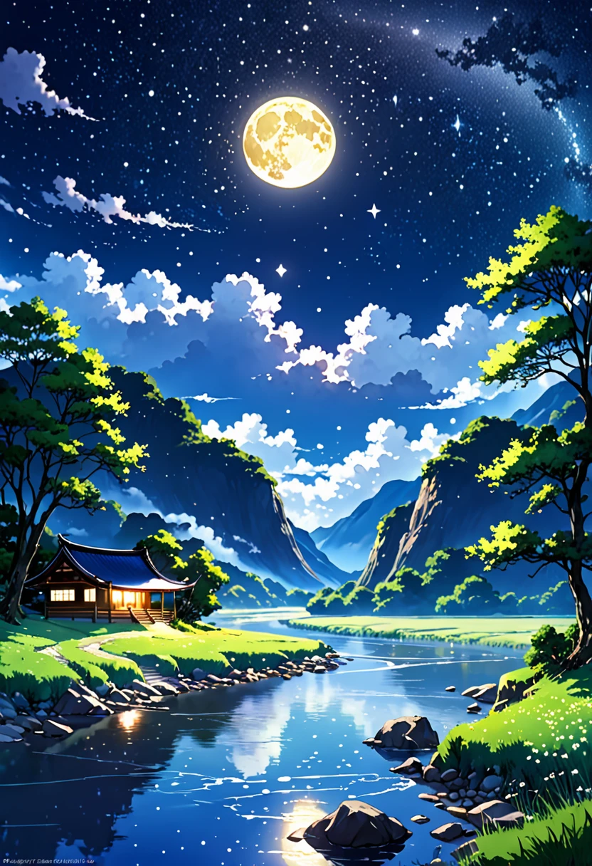 A painting of a river with stars and moon in the sky, concept art inspired by Tosa Mitsuoki, pixiv contest winner, best quality, fantasy art, beautiful anime scene, a bright moon, moonlit starry environment, dream painting, Anime Background Art, Fantasy Landscape Art, Fantasy Night, Anime Background, Background Artwork, Fantastic Art, Atmospheric Anime, Starry Sky, Detail Enhanced, base camp