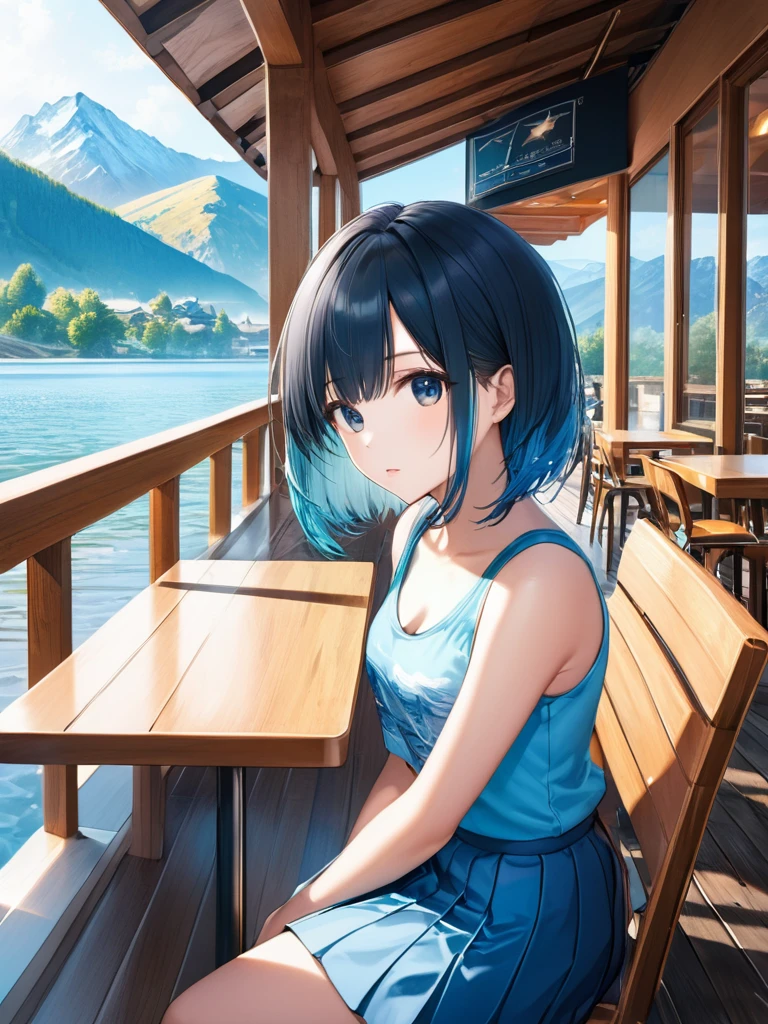 (masterpiece:1.2)), (best quality),(ultra detailed),(extremely detailed),(absolutely resolution) ,absurdres,8k, 1girl-drinking-hot-coffee-in-cafeteria-outdoor,sitting-on-the-woody-chair, open-terrace, beautiful-landscape-background, mountain, shinny-lake, flowers, cake, 
BREAK, looking-away, ultra detailed eyes, bobcut, (gradient hair:1.3), tanktops, skirt,