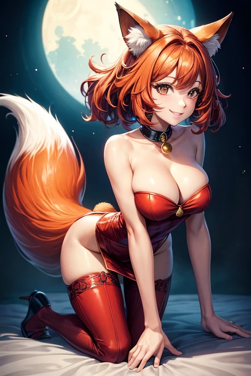 ((highest quality, 32k)), ((masterpiece)), (Familiar), Perfect Face, Fox woman, Beautiful woman, public, Has a tail, She has a fluffy tail, She has a red fox&#39;s tail., She wags her tail, smile, bell collar, She wears a dress, Beautiful Hips, Big Breasts, Big tail, A tail sticks out from inside the pants, Turn around on all fours