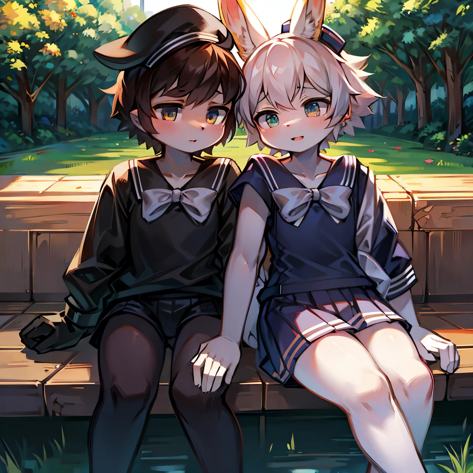 Bright outside,Double,Bunny Girl,bunny boy,Sisters and brothers,Furry women,furry men,Five-year-old girl characteristics,Characteristics of four-year-old boy,Girl is 1.4 meters tall,Black Arm,Sailor hat,Sailor Suit,Sailor skirt,Boy's height,White Arm,Sailor Suit,Sailor hat,Summer shorts,Sitting,Park bright background