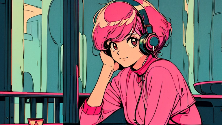 master piece, City Pop style, Pink Hair, fluffy bob cut, wearing headphones, shoulder length, alone, Futuristic, yet, lofi, retro, vintage, Ghost, light smile,
drinking cocktails at a jazz bar, (( wide shot)), ((rainy day)), (( The person is on the left ))