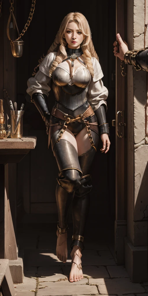(Forest:Face:LORA)(Curly Blonde Long Hair) full body, barefoot, solo, female, big breast, linen tunic, fantasy village, armor, Handcuffs on their hands with a collar around the neck, hands on hips, slave ((black choker, shackles on legs and arms))