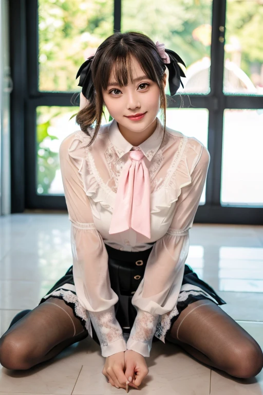 Ulzzang-6500-v1.1, (RAW Photos:1.2), (Photorealistic), Beautiful detailed girl, (Genuine: 1.4), Very detailedな目と顔, Beautiful and fine details, Lolita Fashion Women, ((pink blouse with black ruffled lace、Black ribbon tie、Black Flare Mini Skirt、Moe pose:1.3)), Are standing, ((Ultra-realistic pantyhose:1.2)), game_Hmph, Large file size, High resolution, Very detailed, highest quality, [masterpiece:1.6], Awareness-raising, Very detailed, Hmph, In detail, highest quality, 8k wallpaper, Cinema Lighting, One Girl, , Perfect figure, Cute droopy eyes、Beautiful big eyes、Pieck Finger, ((Tabletop)), highest quality, One Girl, eye shadow,  Idol Makeup、Portraiture, ((full body shot:1.4))、(A very loving smile:1.2)、Realistic skin texture、Glowing Skin、Exposed thighs!!! Braided hair、 (White Silk Sockabrick Ruffle Rack Strap Pumps)、(standing), At the shooting studio、、((Support your thighs with both hands and spread your legs:1.5))、