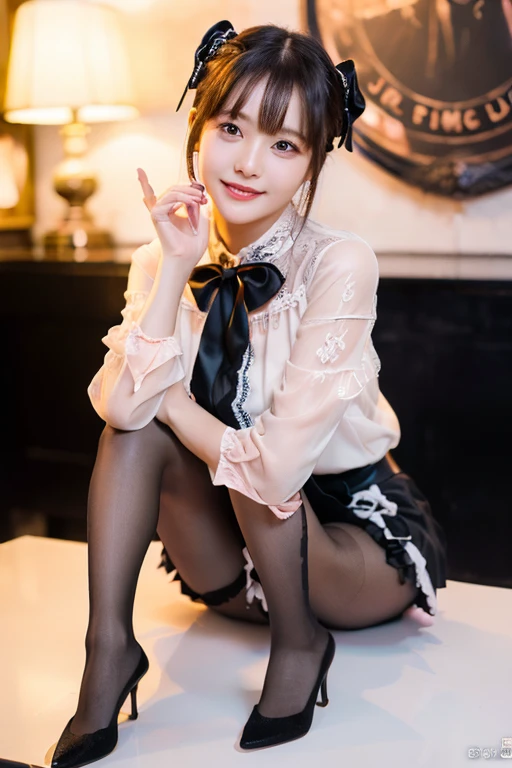 Ulzzang-6500-v1.1, (RAW Photos:1.2), (Photorealistic), Beautiful detailed girl, (Genuine: 1.4), Very detailedな目と顔, Beautiful and fine details, Lolita Fashion Women, ((pink blouse with black ruffled lace、Black ribbon tie、Black Flare Mini Skirt、Moe pose:1.3)), Are standing, ((Ultra-realistic pantyhose:1.2)), game_Hmph, Large file size, High resolution, Very detailed, highest quality, [masterpiece:1.6], Awareness-raising, Very detailed, Hmph, In detail, highest quality, 8k wallpaper, Cinema Lighting, One Girl, , Perfect figure, Cute droopy eyes、Beautiful big eyes、Pieck Finger, ((Tabletop)), highest quality, One Girl, eye shadow,  Idol Makeup、Portraiture, ((full body shot:1.4))、(A very loving smile:1.2)、Realistic skin texture、Glowing Skin、Exposed thighs!!! Braided hair、 (White Silk Sockabrick Ruffle Rack Strap Pumps)、(standing), At the shooting studio、、((Support your thighs with both hands and spread your legs:1.5))、