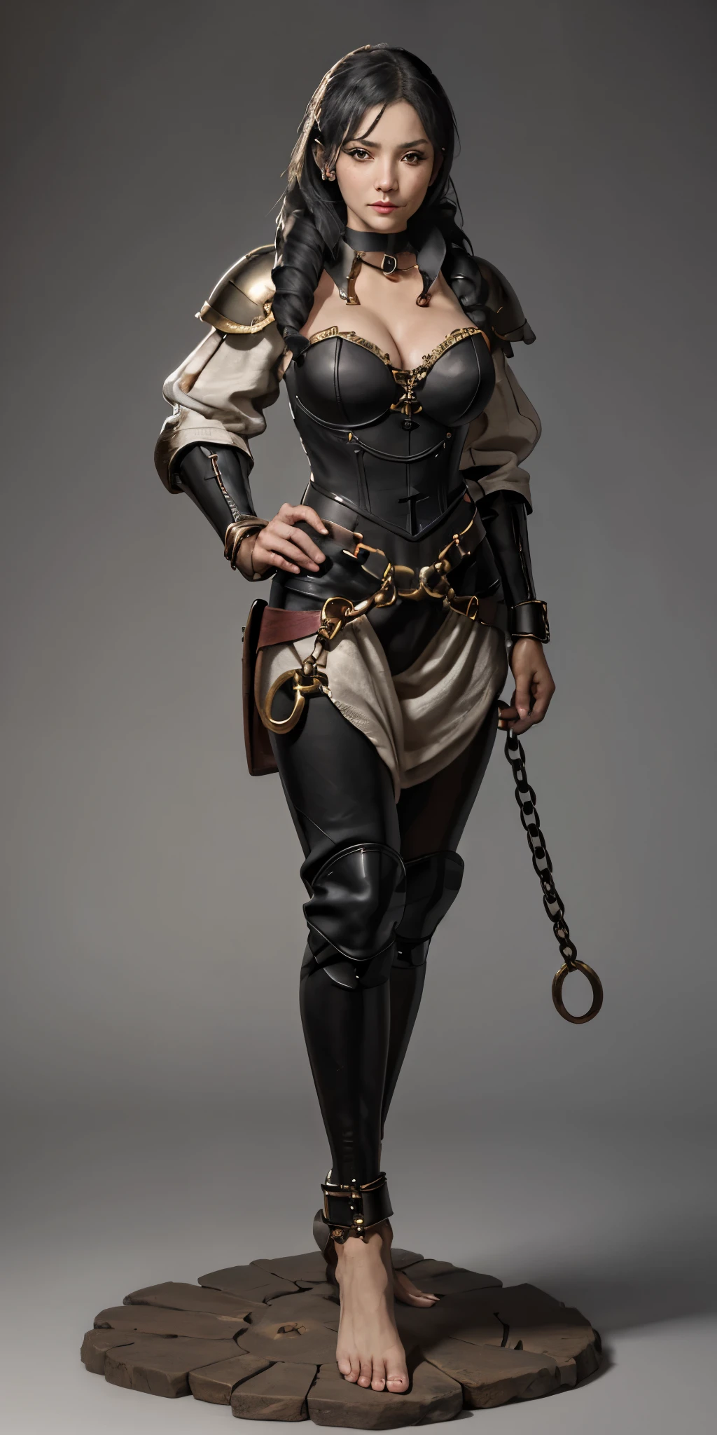 full body, barefoot, solo, female, big breast, linen tunic, fantasy village, armor, Handcuffs on their hands with a collar around the neck, hands on hips, slave ((black choker, shackles on legs and arms))