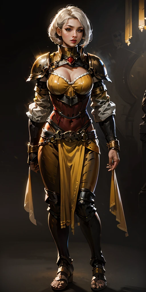 (Forest:Face:LORA)((BLACK BACKGROUND 1:2, masterpiece)) 1solo female full body MILF BIMBO standing straight symmetrical with two long thighs and two metal sandals, red eyes like rubies, eye focus looking to the viewer, silver white hair, short bob style hair, big knockers breastplate, breastplate, cleavage, tiara royal, long cape up to two feet, yellow bikini (yellow tiger stripes), lustful smirking smiling, smile face (red blushed, red cheeks), pauldrons metal shoulders, gold sleeveless bracelets, separate sleeves, hands on waist hands OR hips, golden bracers, metal handcuffs, leather corset, red loincloth, black leather choker slave collar, shackles bracelets, slave red crest under navel, navel, big belt around waist OR hips, feet together, metal ankle, two long thighs and two metal sandals
