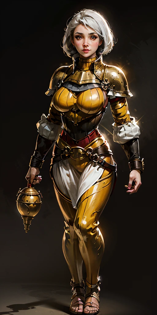 (Forest:Face:LORA)((BLACK BACKGROUND 1:2, masterpiece)) 1solo female full body MILF BIMBO standing straight symmetrical with two long thighs and two metal sandals, red eyes like rubies, eye focus looking to the viewer, silver white hair, short bob style hair, big knockers breastplate, breastplate, cleavage, tiara royal, long cape up to two feet, yellow bikini (yellow tiger stripes), lustful smirking smiling, smile face (red blushed, red cheeks), pauldrons metal shoulders, gold sleeveless bracelets, separate sleeves, hands on waist hands OR hips, golden bracers, metal handcuffs, leather corset, red loincloth, black leather choker slave collar, shackles bracelets, slave red crest under navel, navel, big belt around waist OR hips, feet together, metal ankle, two long thighs and two metal sandals