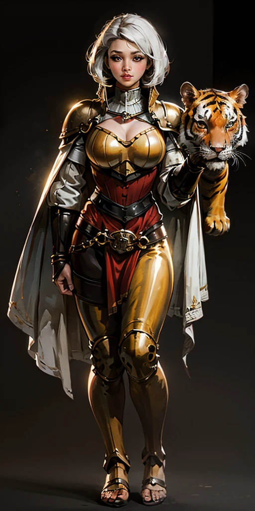 (Forest:Face:LORA)((BLACK BACKGROUND 1:2, masterpiece)) 1solo female full body MILF BIMBO standing straight symmetrical with two long thighs and two metal sandals, red eyes like rubies, eye focus looking to the viewer, silver white hair, short bob style hair, big knockers breastplate, breastplate, cleavage, tiara royal, long cape up to two feet, yellow bikini (yellow tiger stripes), lustful smirking smiling, smile face (red blushed, red cheeks), pauldrons metal shoulders, gold sleeveless bracelets, separate sleeves, hands on waist hands OR hips, golden bracers, metal handcuffs, leather corset, red loincloth, black leather choker slave collar, shackles bracelets, slave red crest under navel, navel, big belt around waist OR hips, feet together, metal ankle, two long thighs and two metal sandals