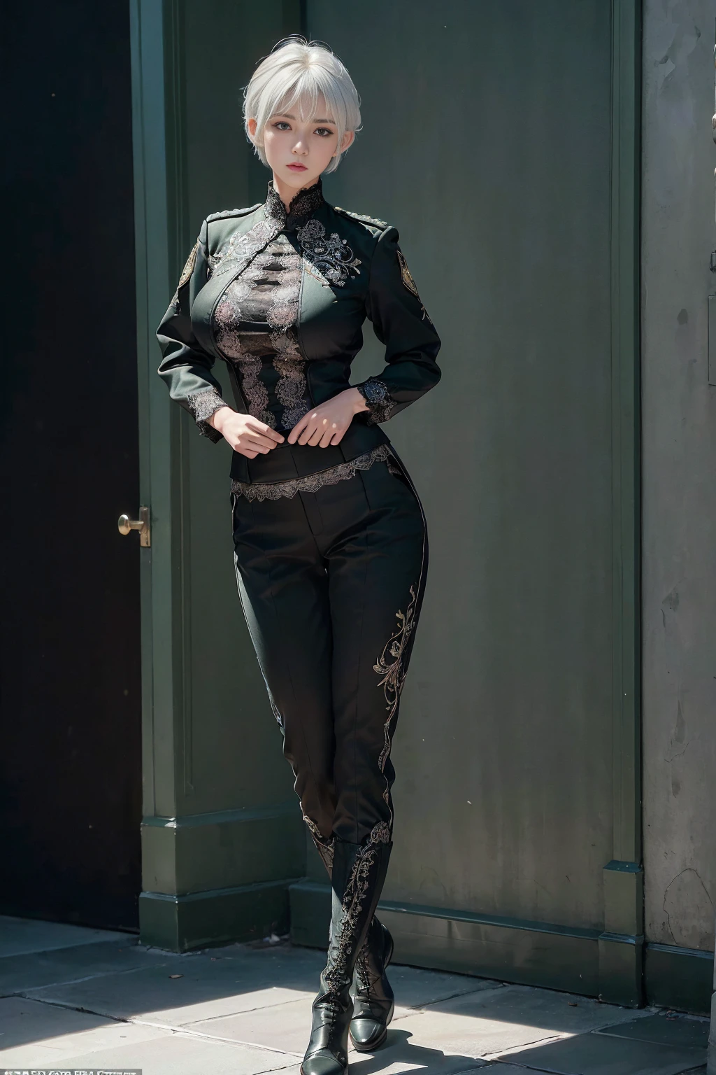 ((1 Full body single woman)) ,(Shooting from front and middle), looking at the camera, centered image, tmasterpiece,A high resolution, Absolutely beautiful, facing to the camera, Tall and fit body,(big breast : 1.3), white short hair with updo, green colored uniform, (full coverage green lace uniform, Embroidery uniform, decorated uniform and pants, Exquisite details of the uniform and pants, black lace stockings, warrior, black gloves, show black boots, (lace) uniform, allure:white hair, short hair (hair behind the body), young adult,(Tall:1.5),Rich scene detail,In the midst of the war,standing.