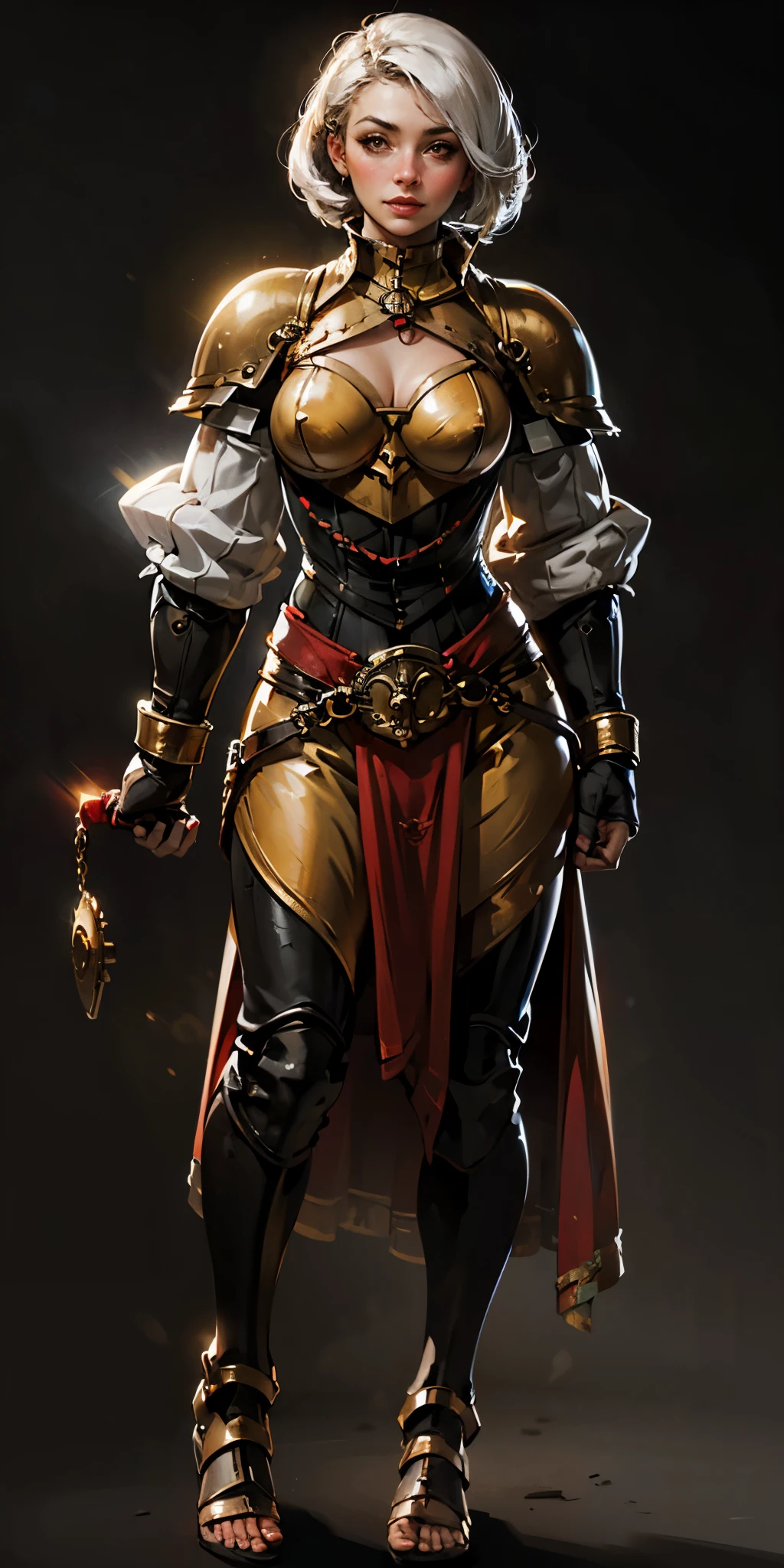 (Forest:Face:LORA)((BLACK BACKGROUND 1:2, masterpiece)) 1solo female full body MILF BIMBO standing straight symmetrical with two long thighs and two metal sandals, red eyes like rubies, eye focus looking to the viewer, silver white hair, short bob style hair, big knockers breastplate, breastplate, cleavage, tiara royal, long cape up to two feet, yellow bikini (yellow tiger stripes), lustful smirking smiling, smile face (red blushed, red cheeks), pauldrons metal shoulders, gold sleeveless bracelets, separate sleeves, hands on waist hands OR hips, golden bracers, metal handcuffs, leather corset, red loincloth, black leather choker slave collar, shackles bracelets, slave red crest under navel, navel, big belt around waist OR hips, feet together, metal ankle, two long thighs and two metal sandals
