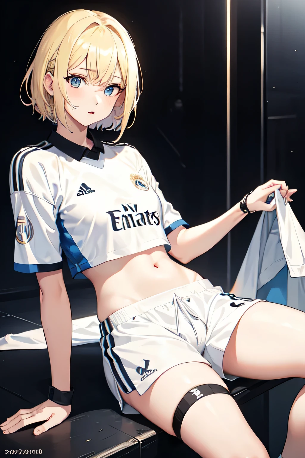 1girl,20y.o,Real Madrid Football jersey,blonde hair,mullet haircut,short hair,light blue eyes