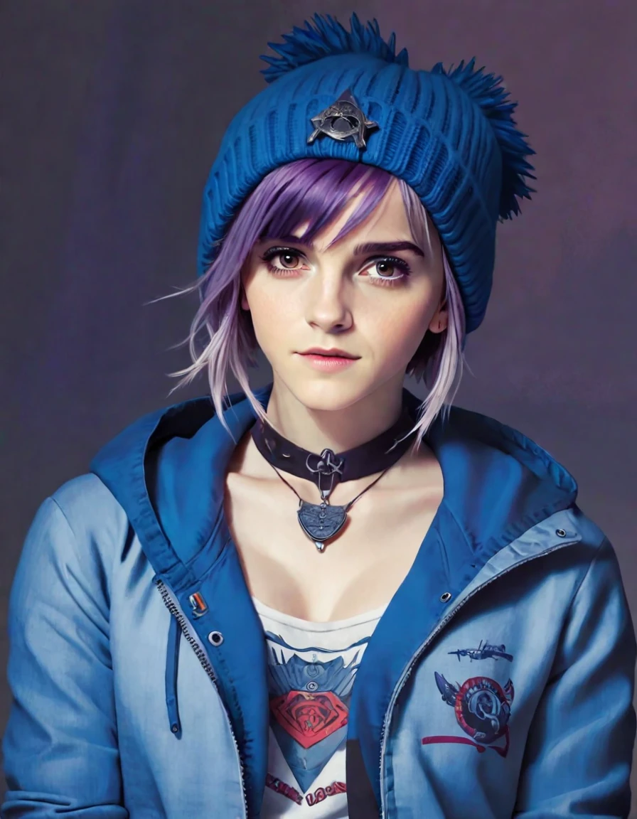 Chloe Price, at the the Grand Central Terminal, cinematic, medium shot, whole head in frame, detailed face, detailed eyes, evening, punk aesthetic, pale blue ripped jeans, braces, suspenders, black boots, white shirt, skull, heart, necklace, chain, bullets, black leather jacket, beanie hat, dark blue beanie, tattoo sleeve, right arm, intricate design, flowers, yellowed skull, dyed hair, light purple roots, blue ends, navy T-shirt, rock, chick