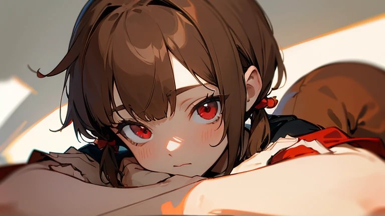 Light brown hair,Red eyes,side fringe,short hair,Wearing pigtails