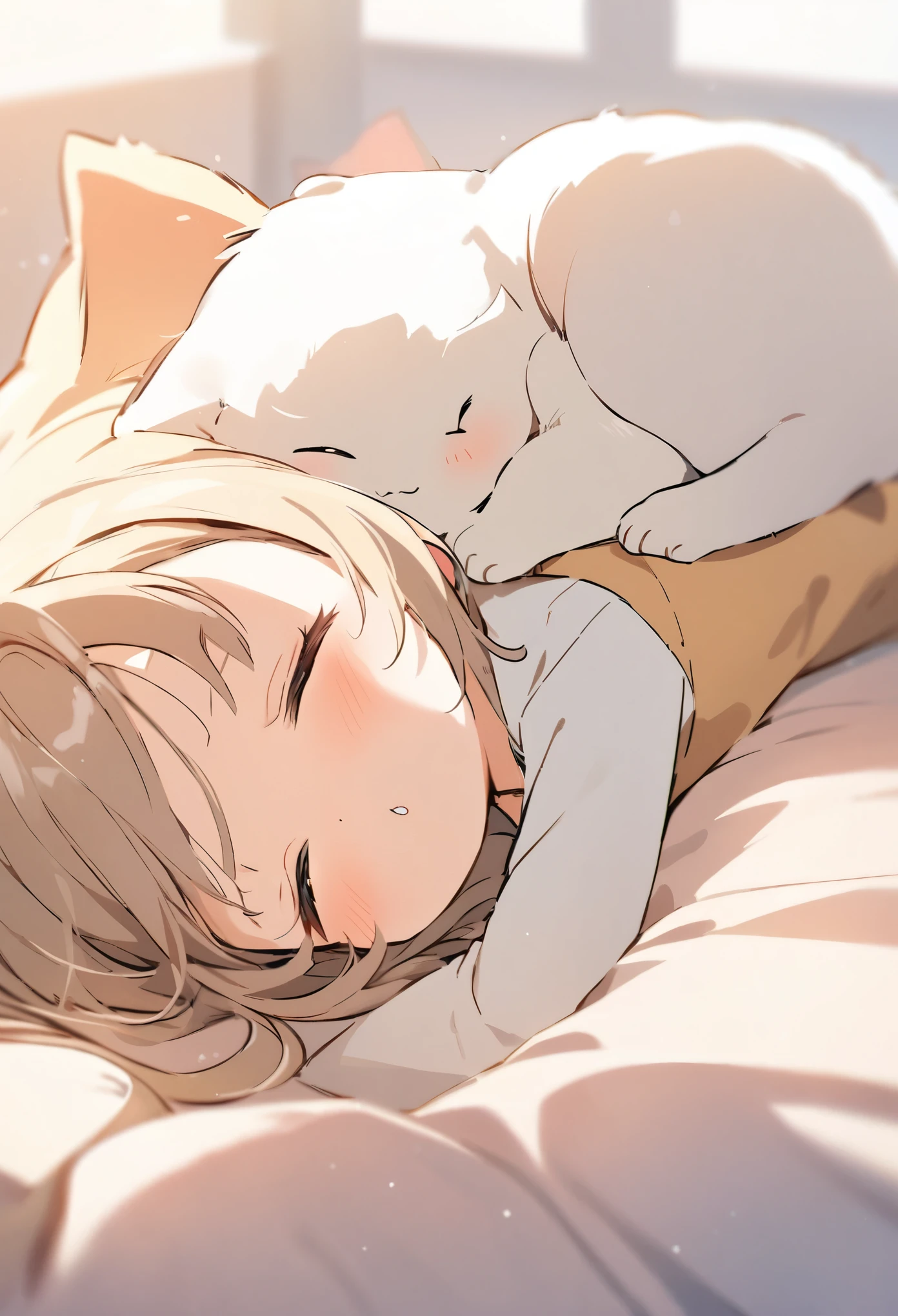 best quality, kitten lying on its back, cute pose, cute face, nap time