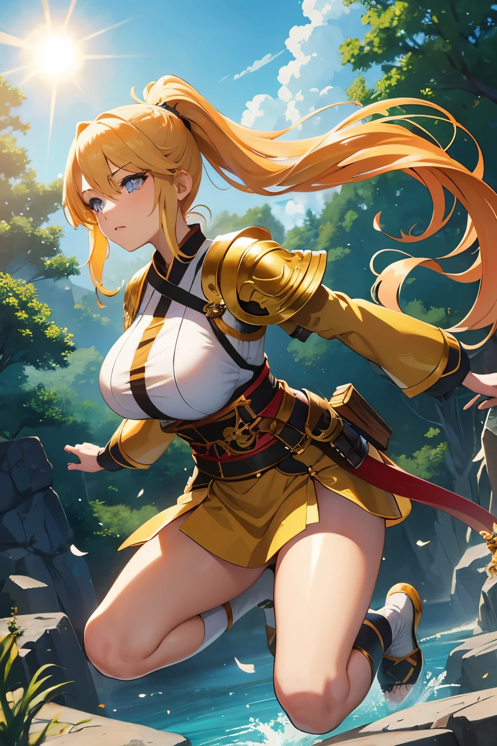 {anime girl}, {japanese clothes}, golden hair, ponytail, shiny hair, beautiful, {fantasy}, adventurer, sun warrior, {sun powers}, fantasy outfit, {fighter}, {fighting outfit}, sexy clothes, big tits